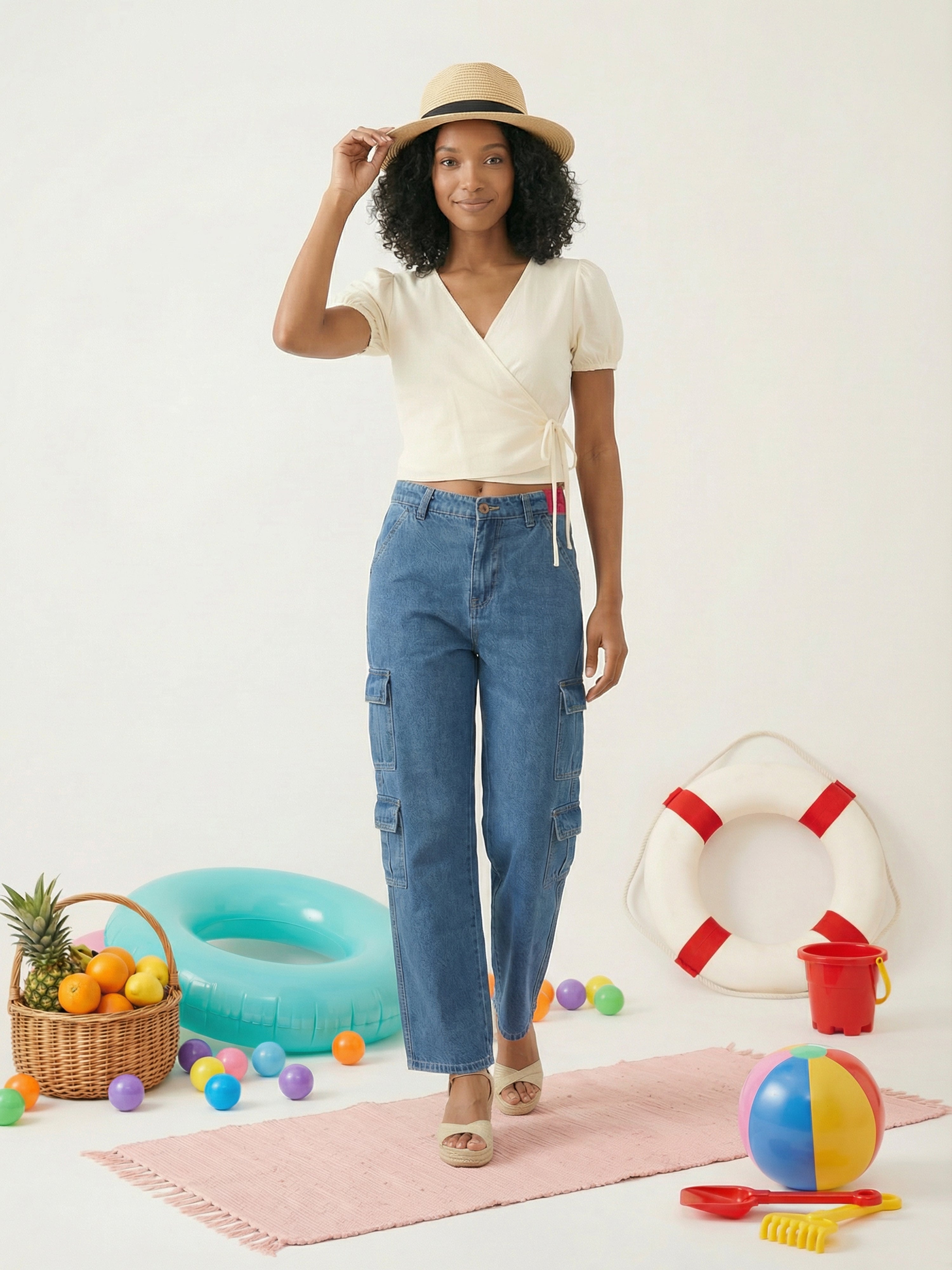 Women's Off White Linen Classic Top with Overlap Neck