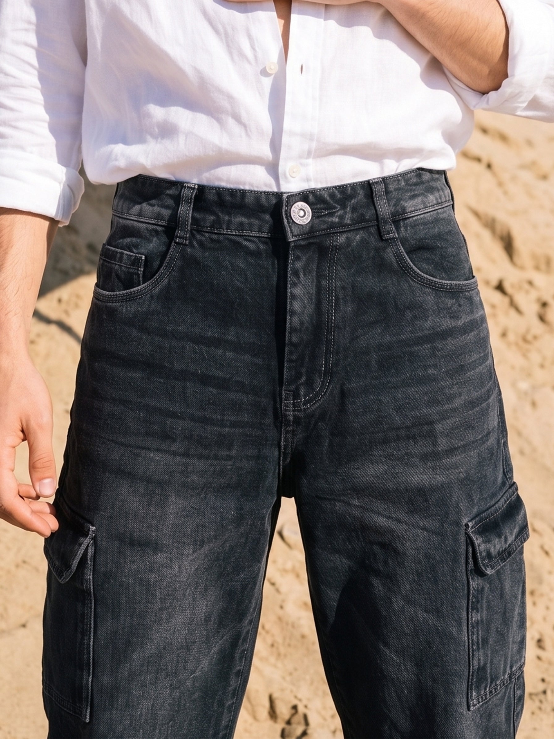 Men's Black Barrel Fit Indigo Denim Cargo
