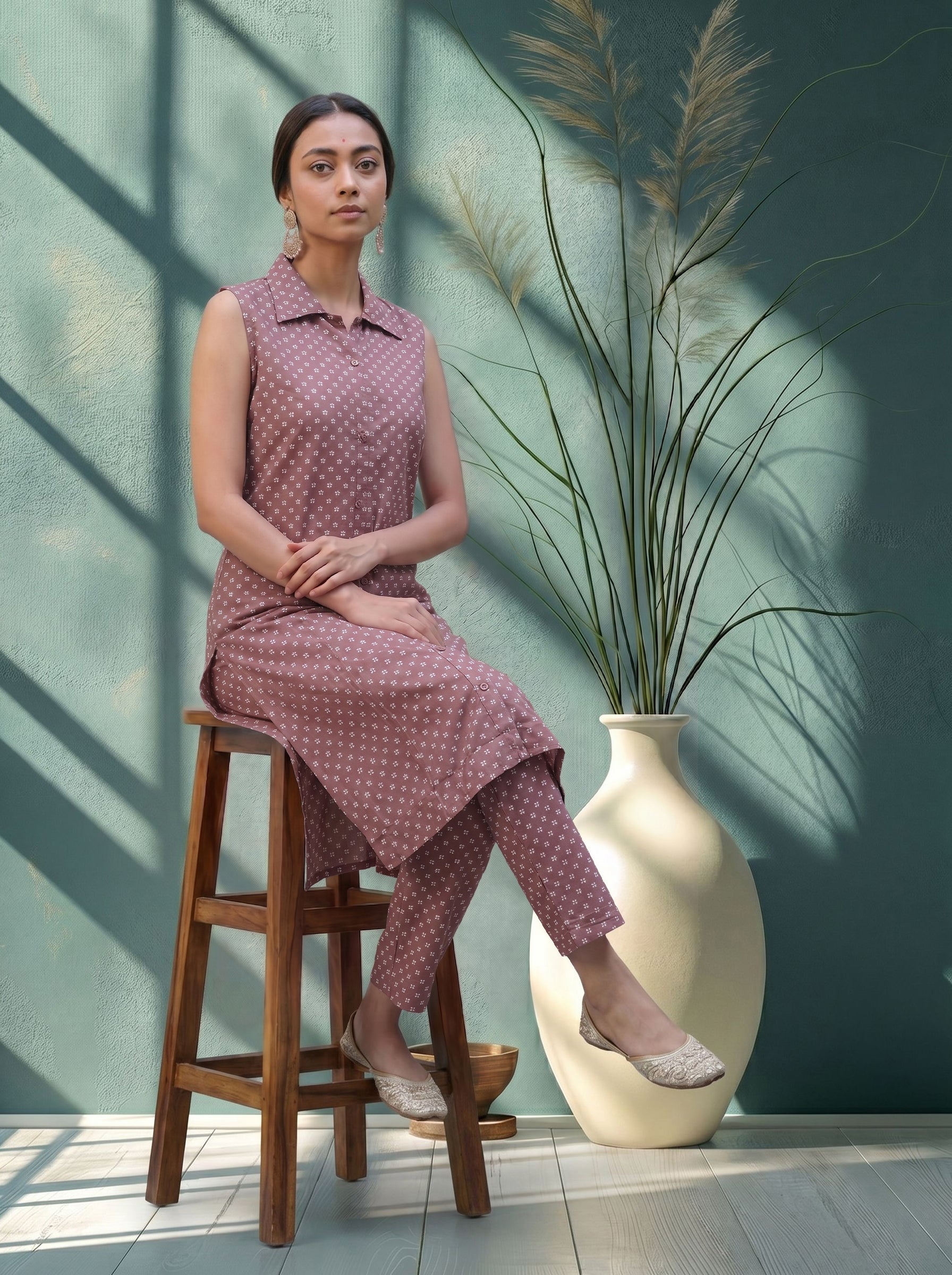 Women's Cotton Pink Regular Fit  Sleeveless Kurti Set