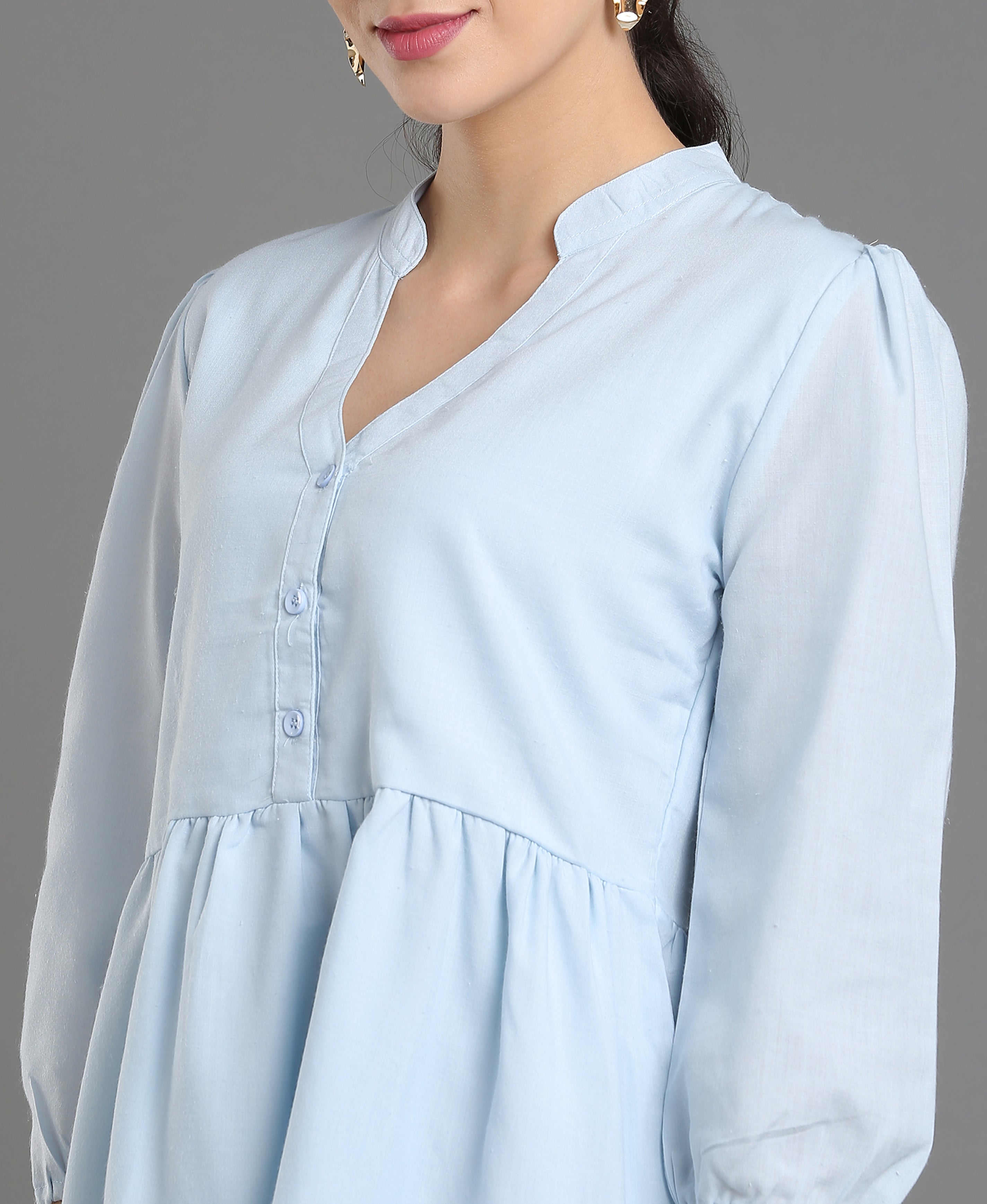 Azure Solid Mandarin Flare Dress