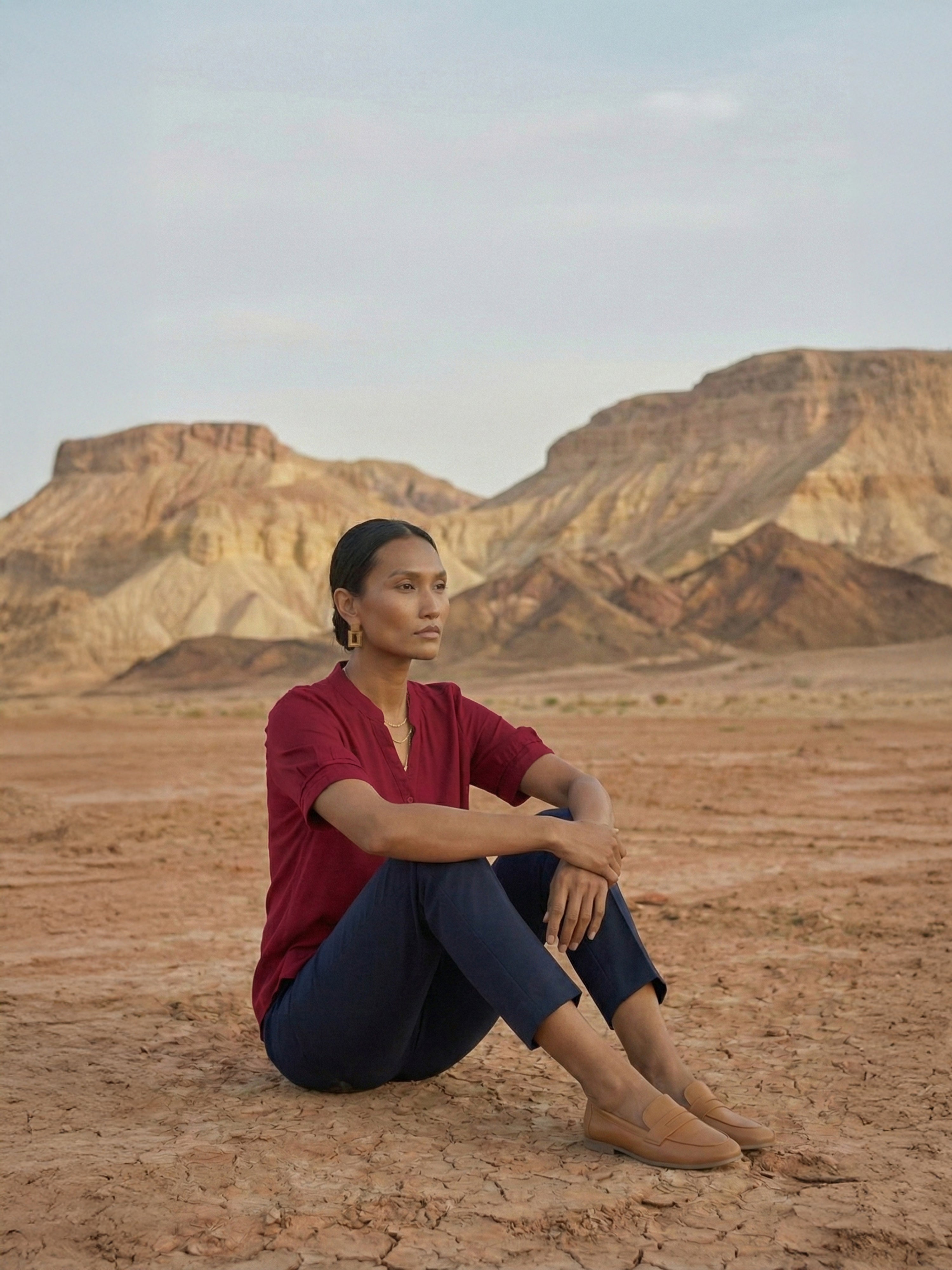 Women's Maroon Linen Shirt with Chinese Collar Neck