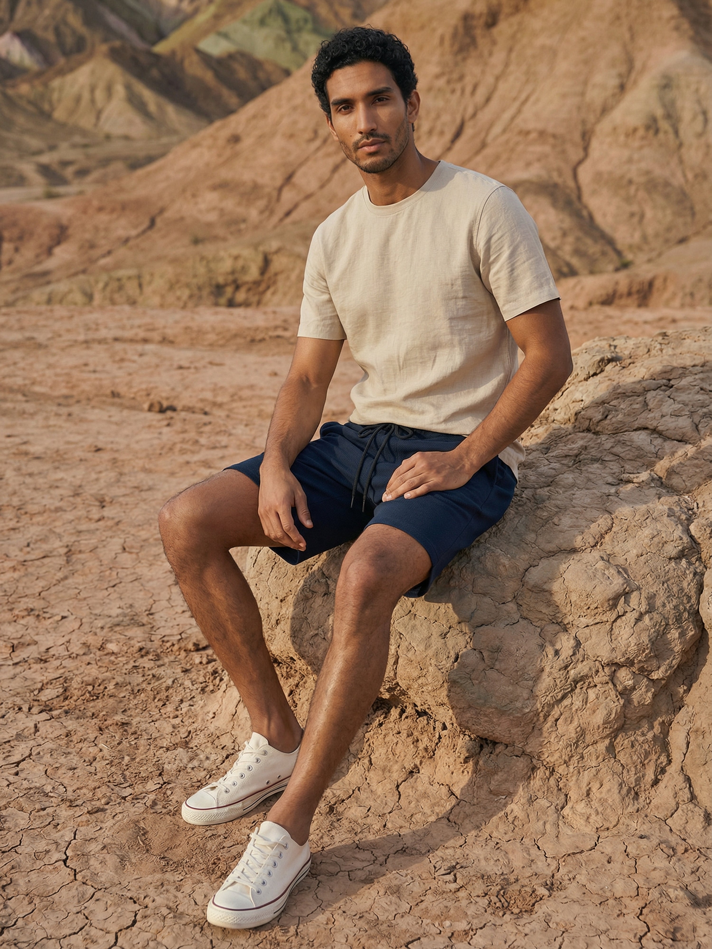 Navy Cotton Blended  Shorts For Male