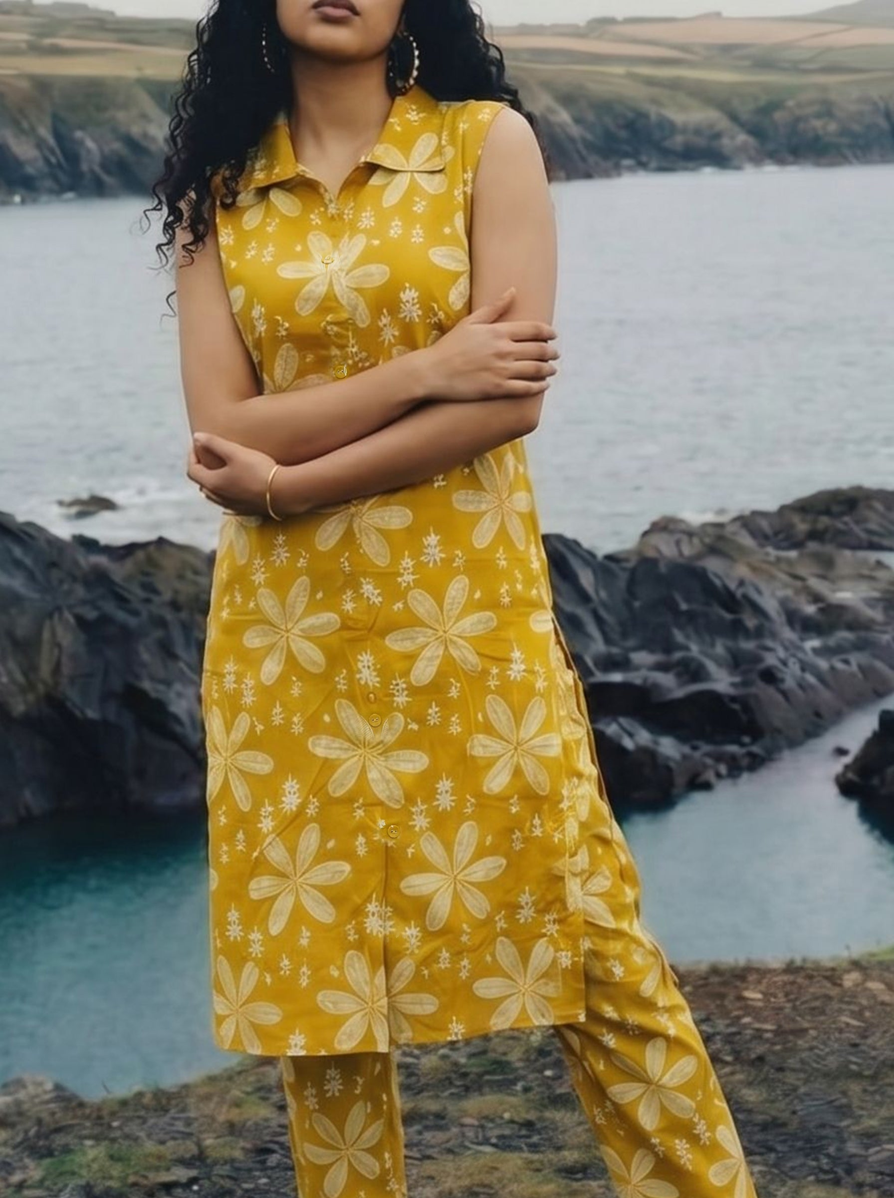 Women's Cotton Yellow Collar Neck Regular Fit Kurti Set