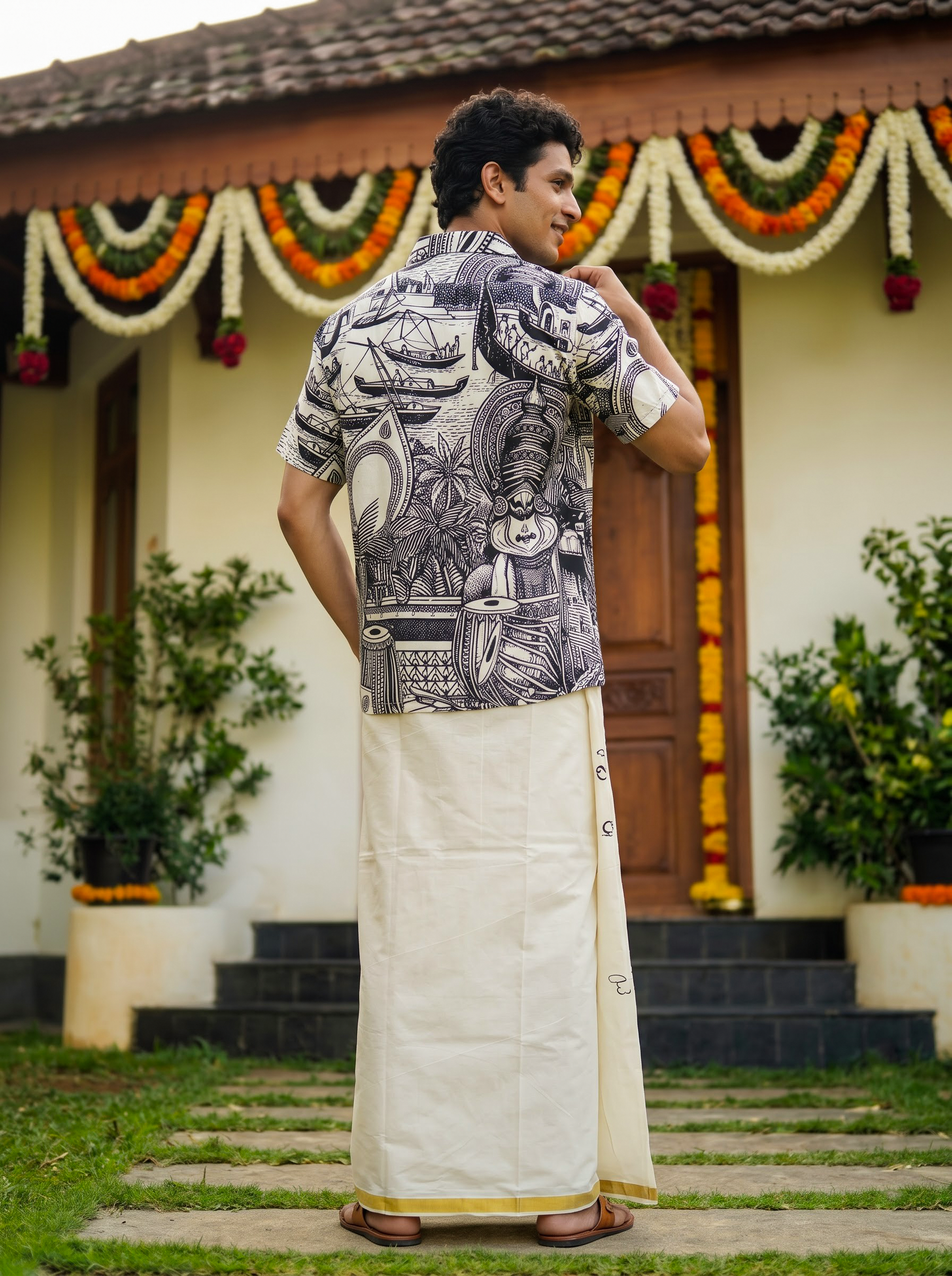 Men's Nylon Digital Print Off White Color Onam Special Regular Fit Shirt
