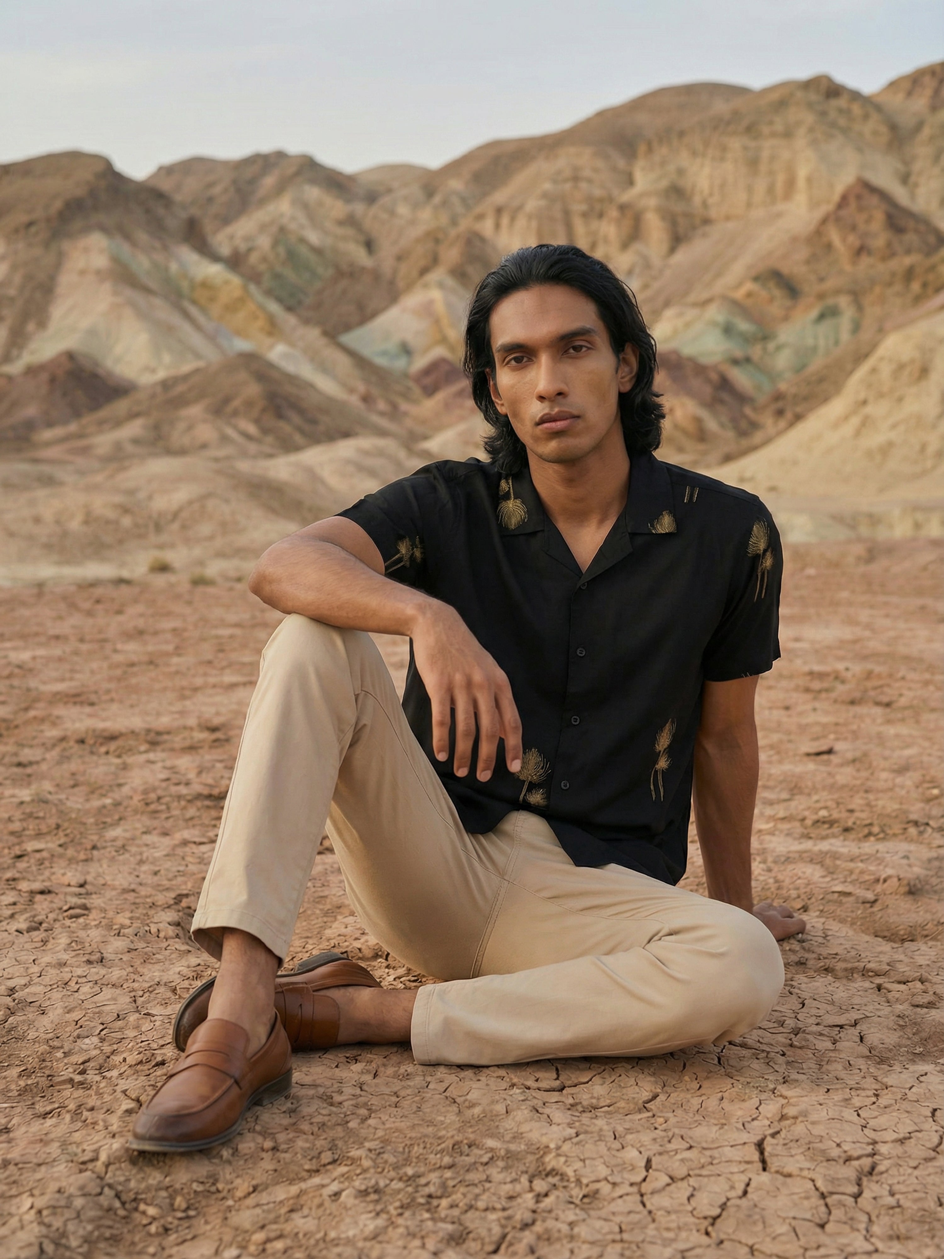 Men's Black Fit Shirt with Embroidered Patterns