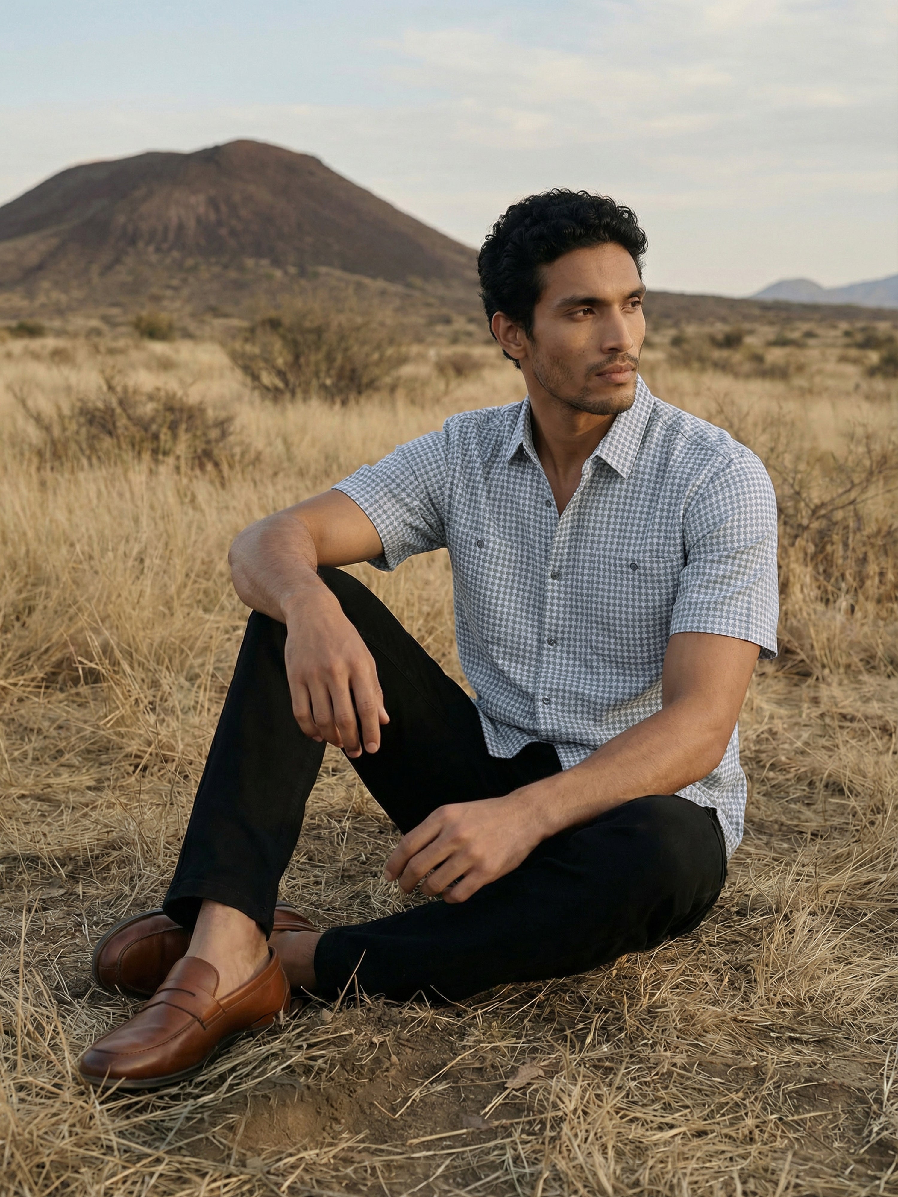 Blue Polyster Cotton Regular Collar Half Shirt For Male