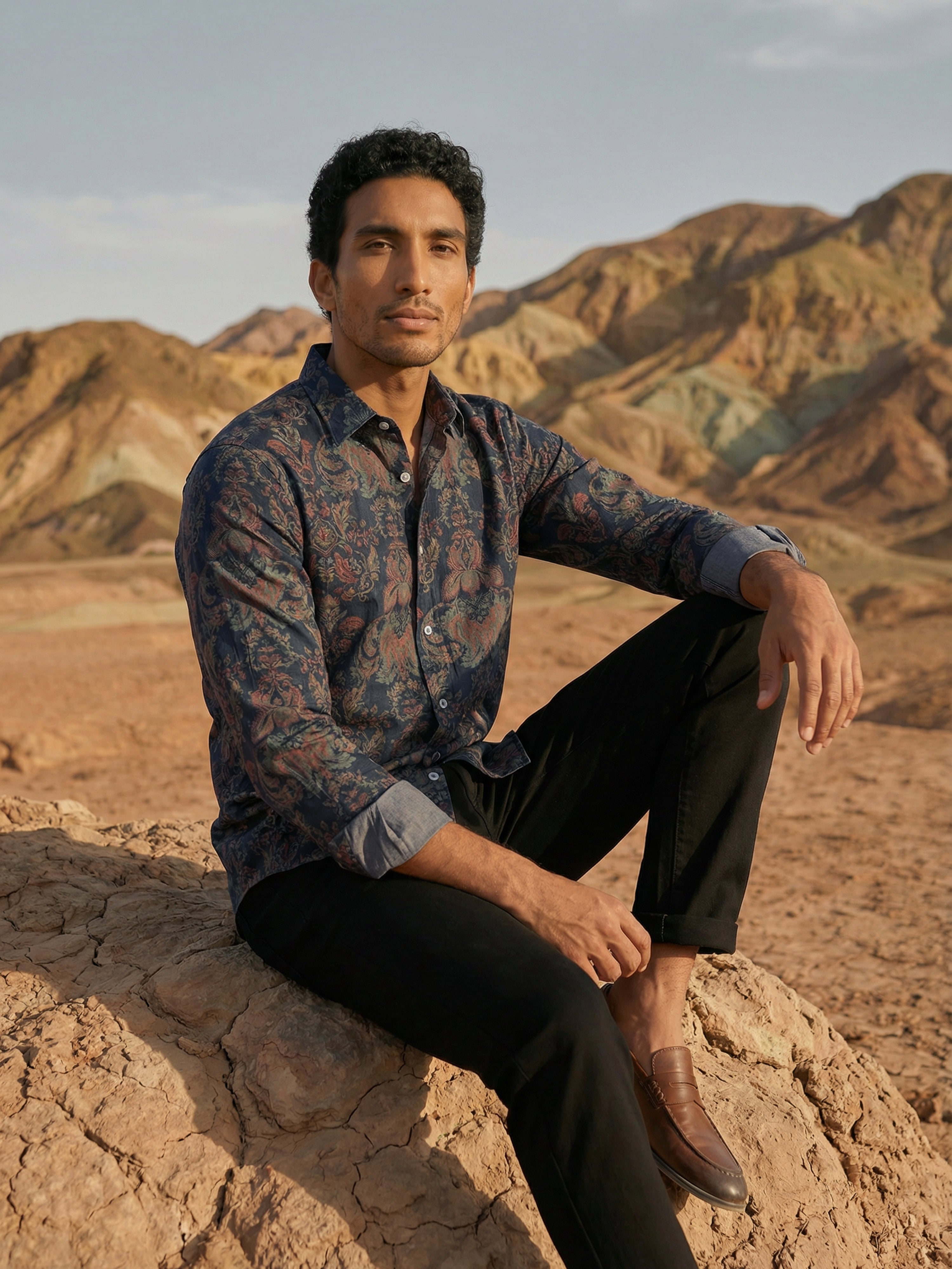 Navy  Milanj Semi Formal Print Semi Cut Away Collar Full Sleeves Shirt For Male