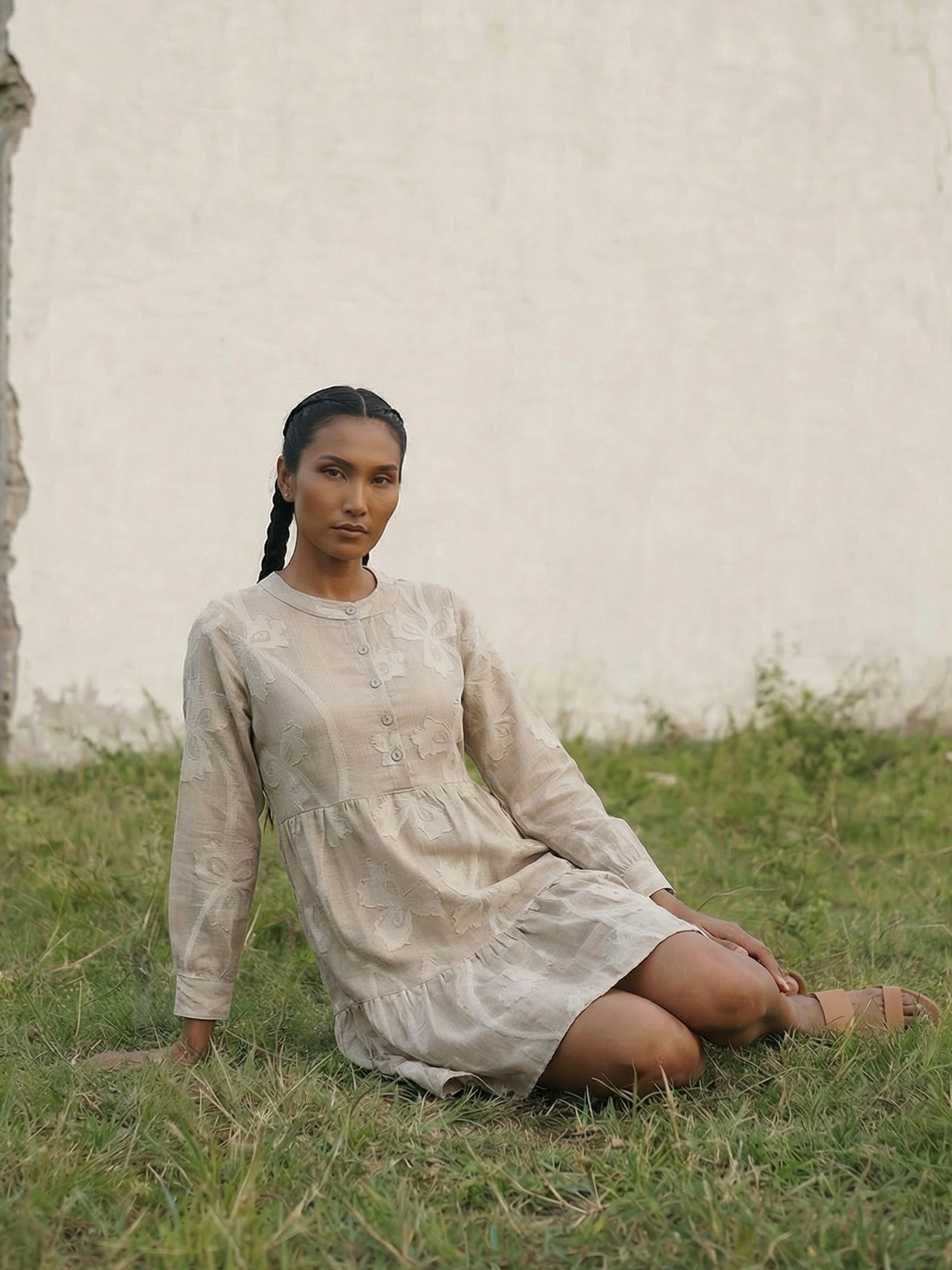 Beige Imp Round Three Fourth Dresses For Female