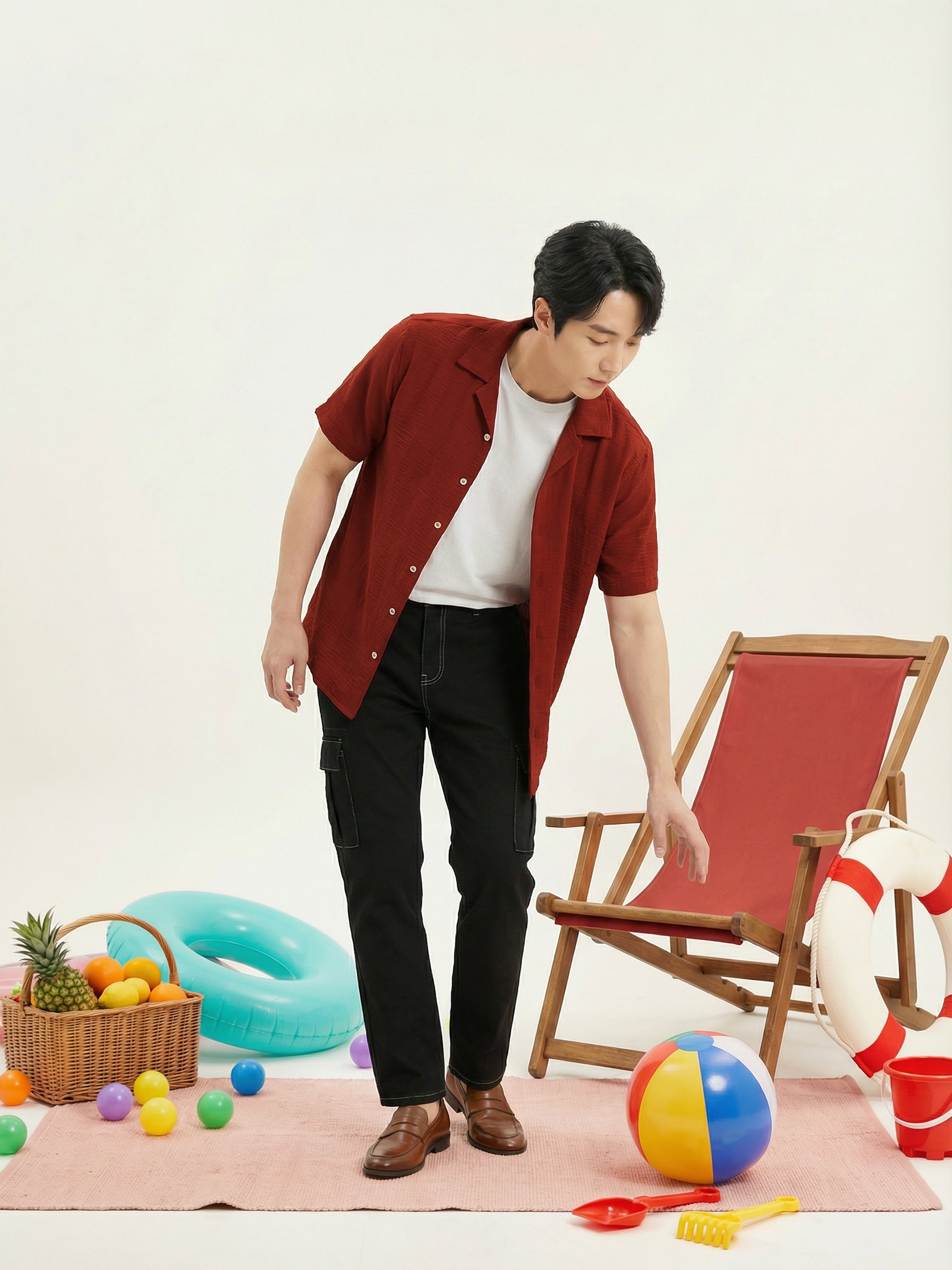 Brick Red Cuban Collar Half Sleeves Mens Shirt