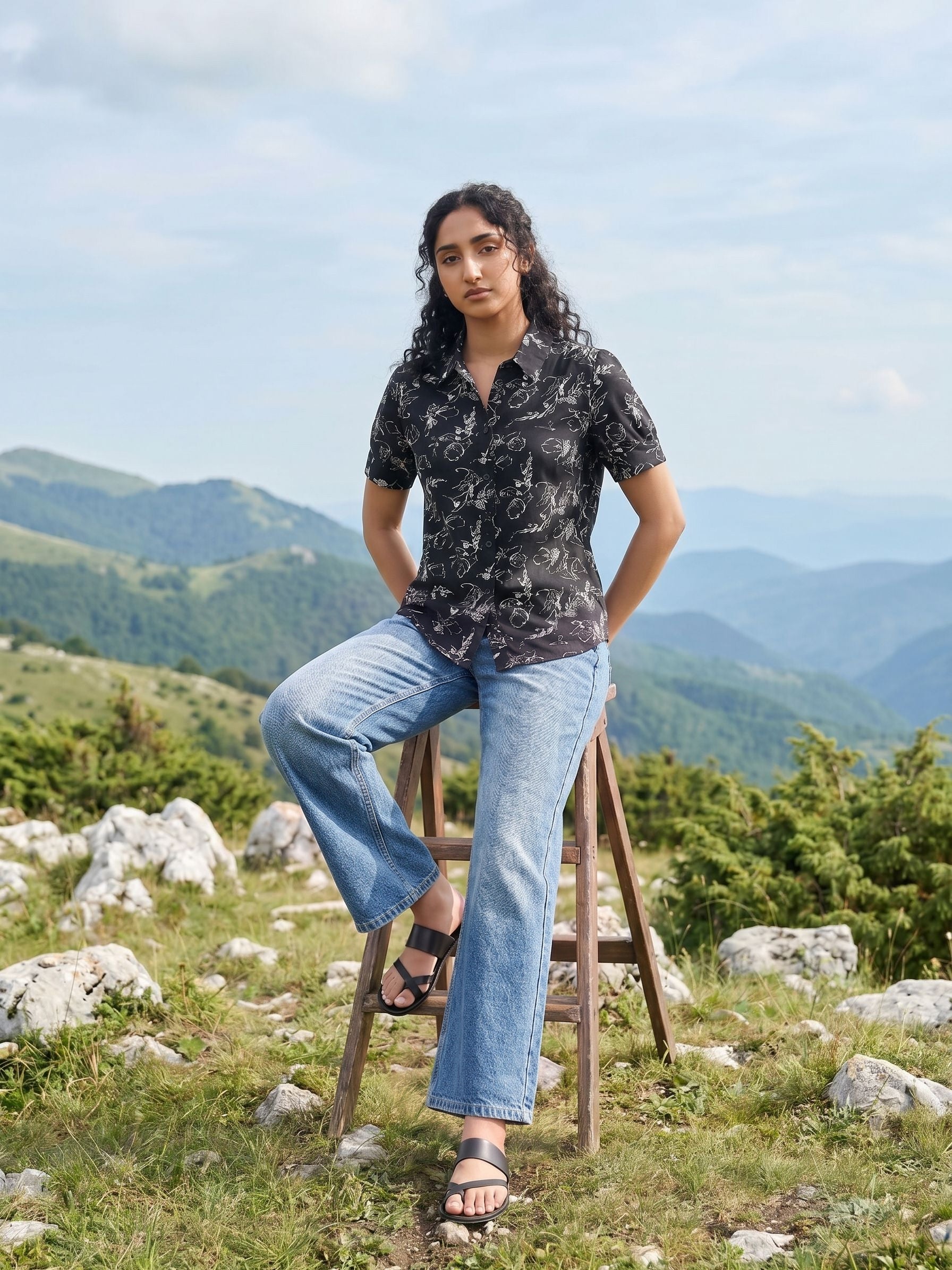Women's Poly Rayon Black Regular Shirt