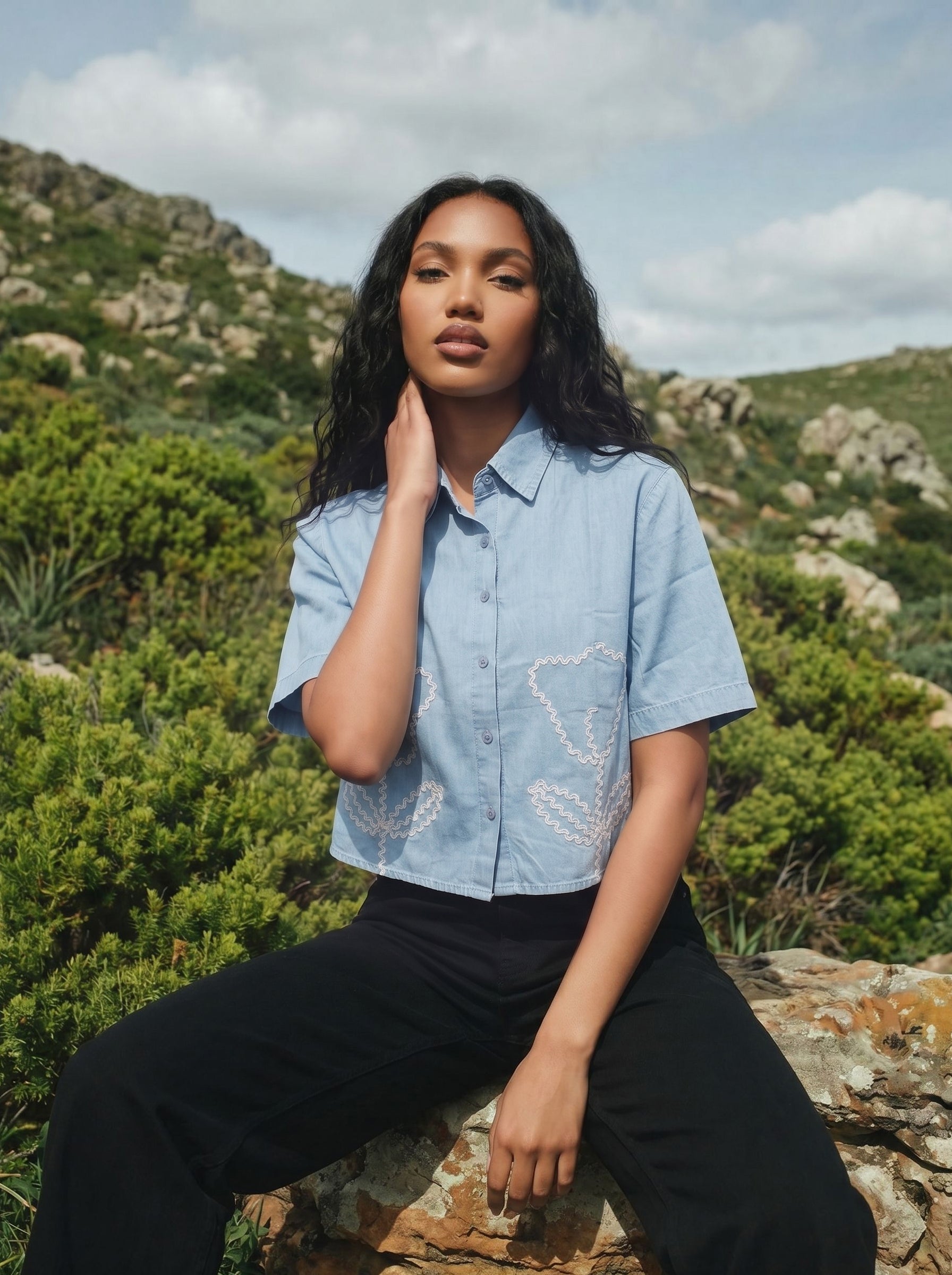 Women's Cotton Denim Ice Blue Regular Top