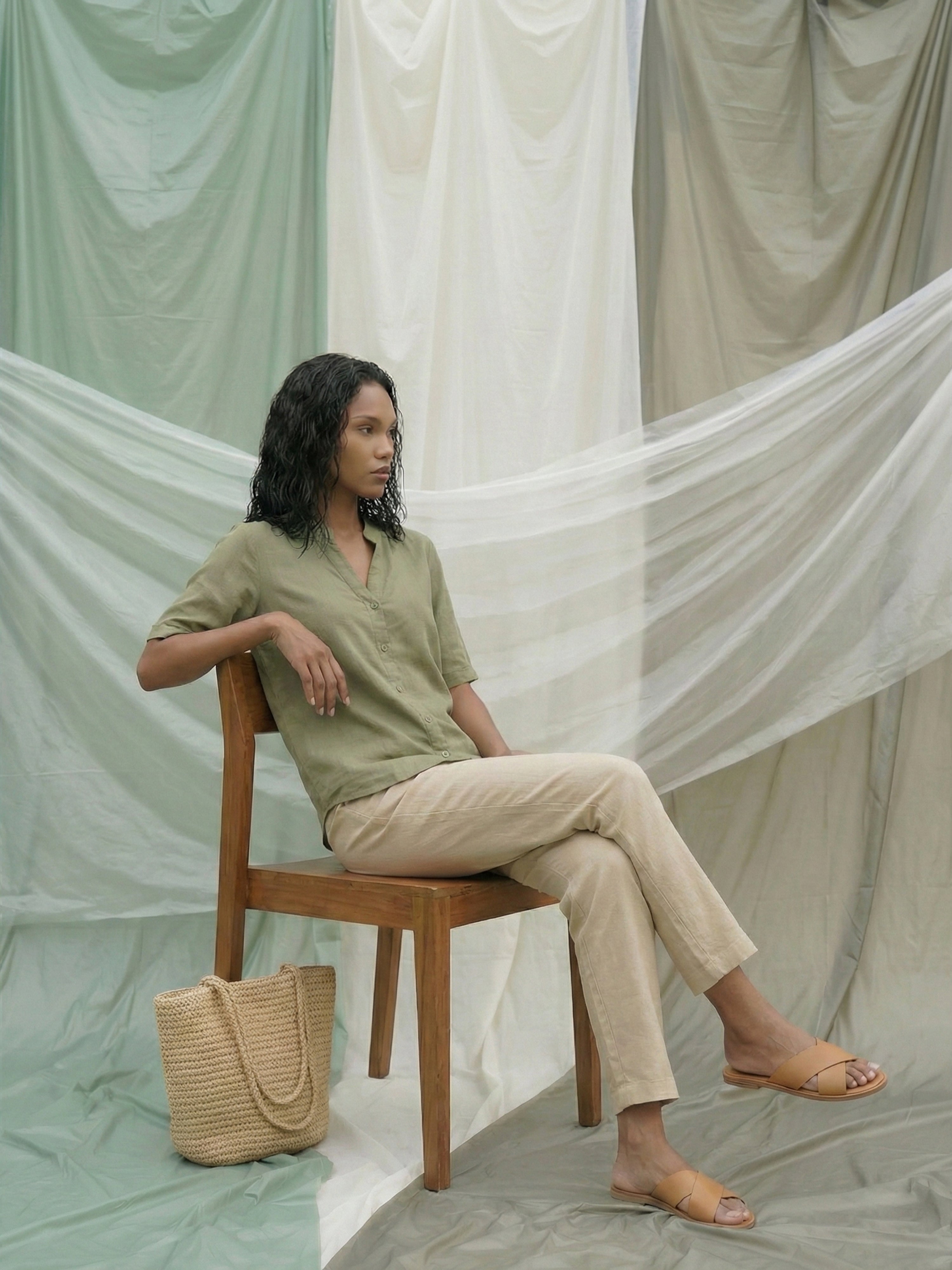 Women's Pista Linen Shirt with Chinese Collar Neck