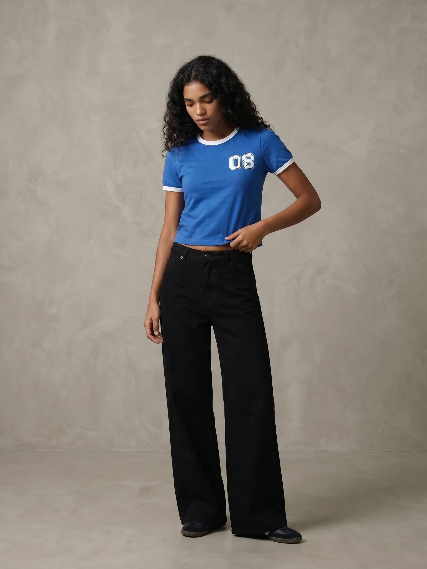 Women's Cotton Ink Blue Slim Fit Crop T Shirt