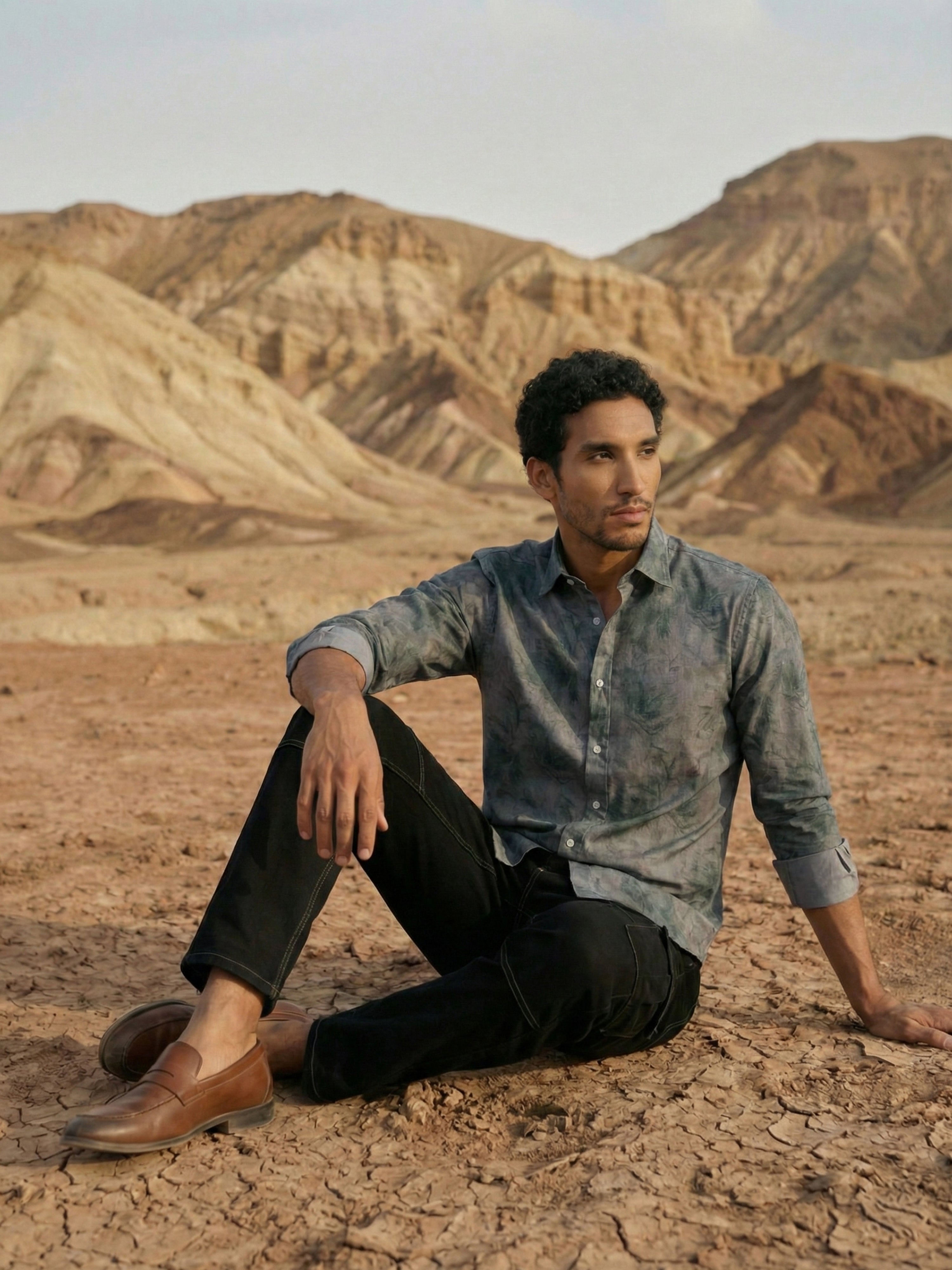 Grey  Milanj Semi Formal Print Semi Cut Away Collar Full Sleeves Shirt For Male