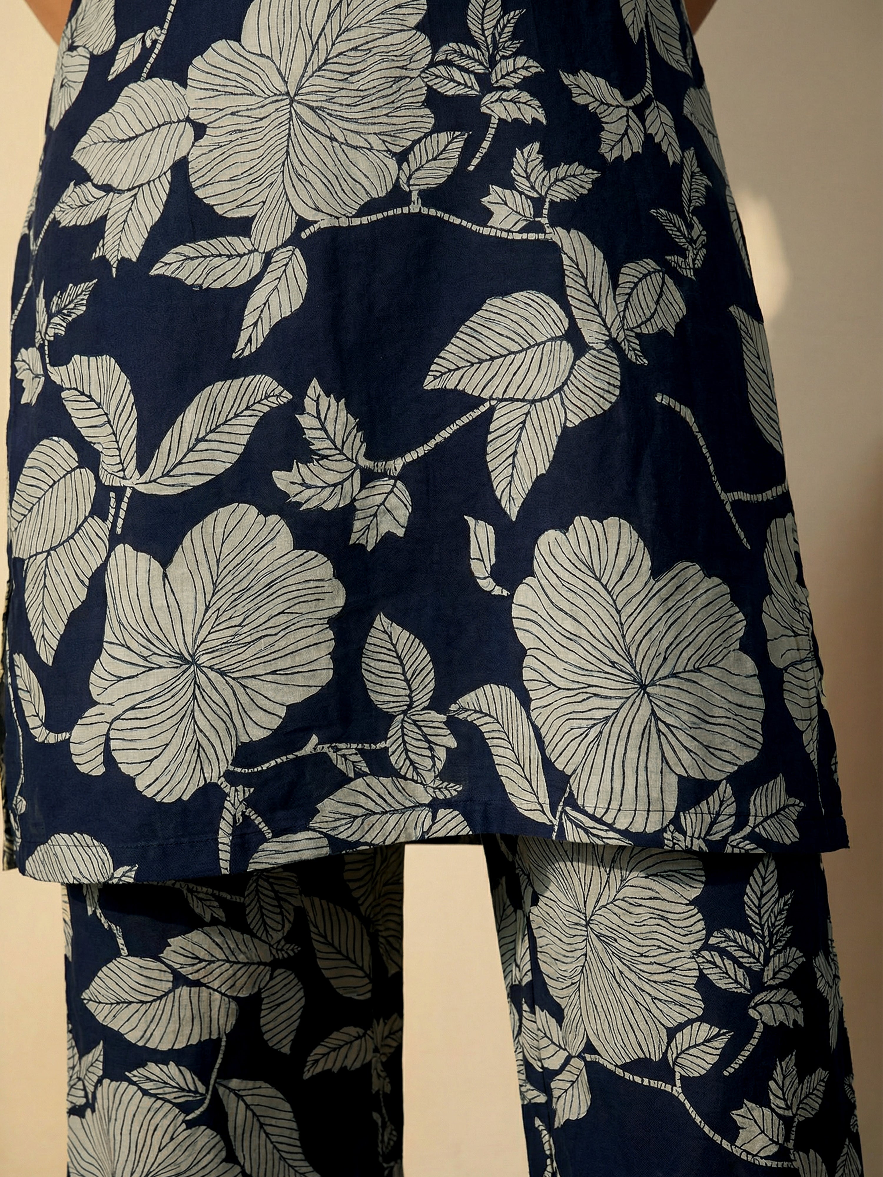 Navy Blue Cotton Halter Neck Sleeveless Kurti Set For Female