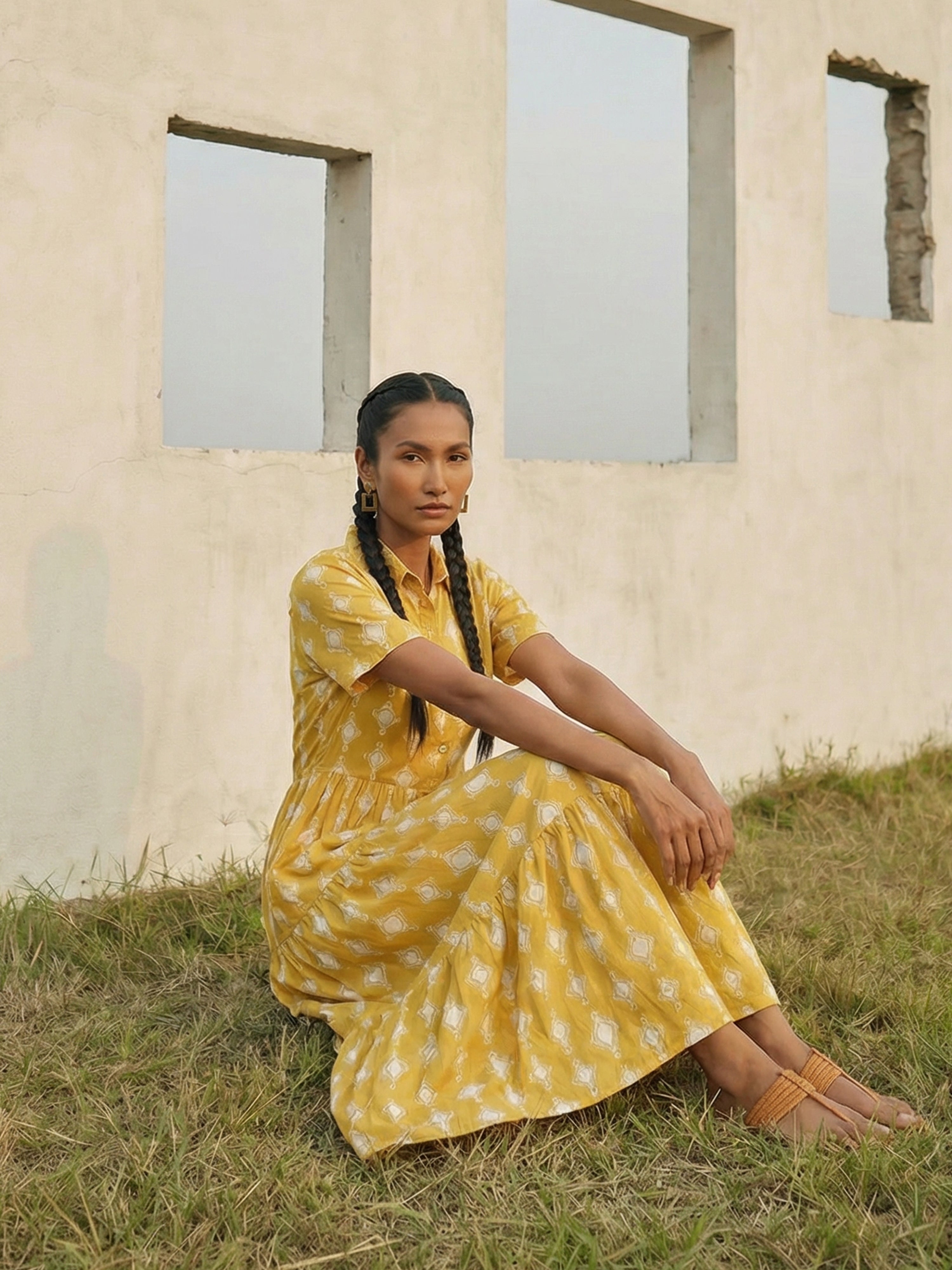 Women's Yellow Rayon  Dresses with Classic Collar Neck