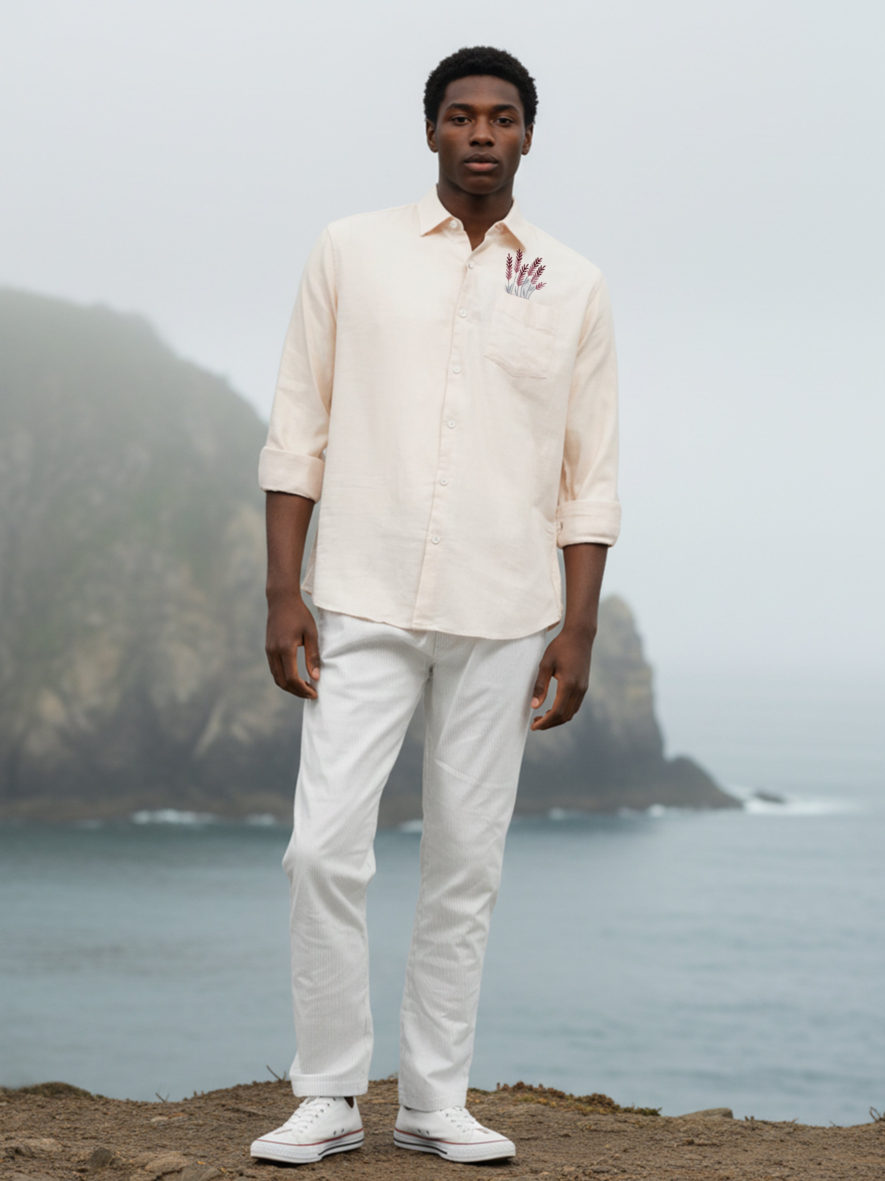 Beige Slub Embroidered Shirt