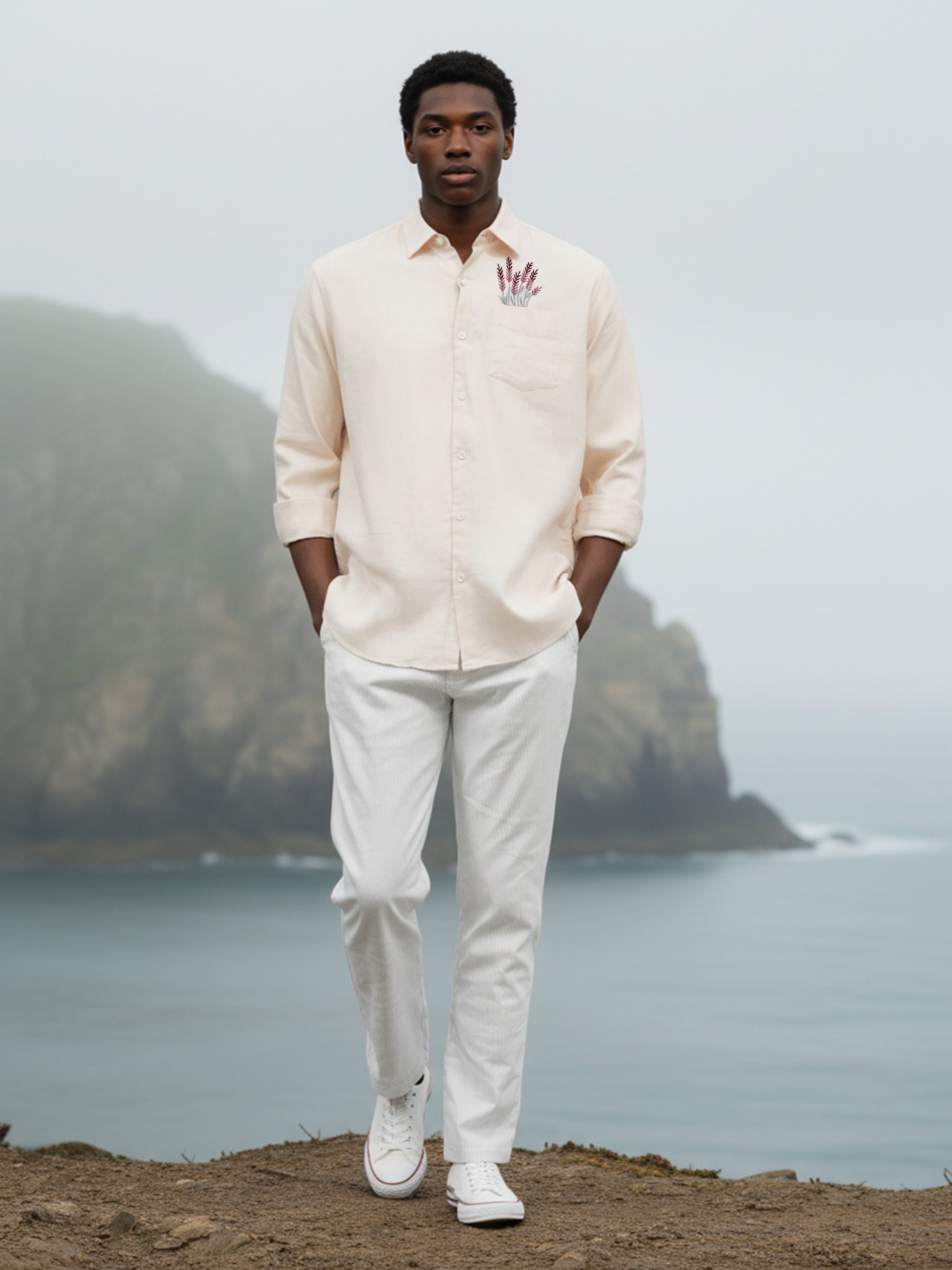 Beige Slub Embroidered Shirt