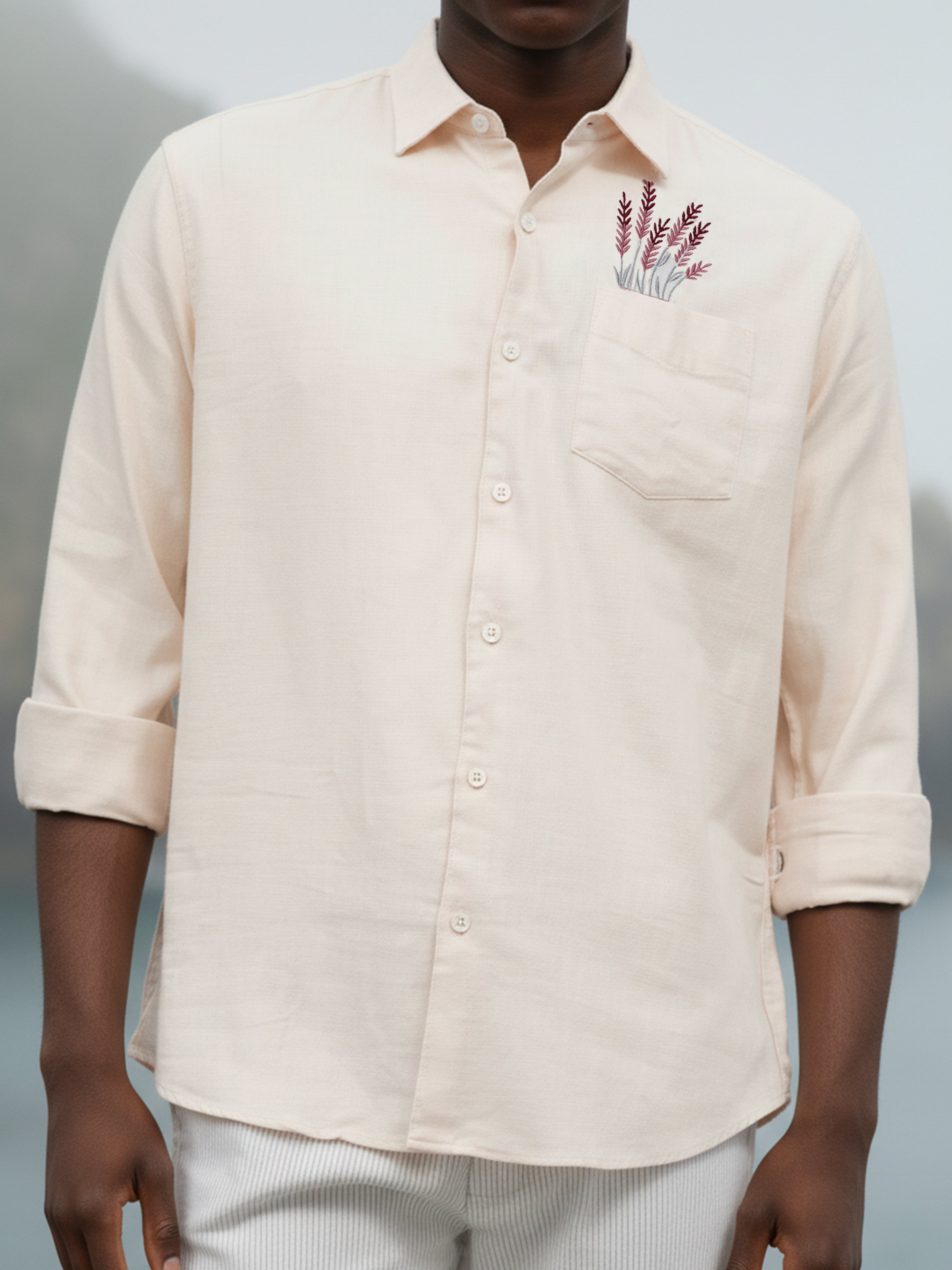 Beige Slub Embroidered Shirt