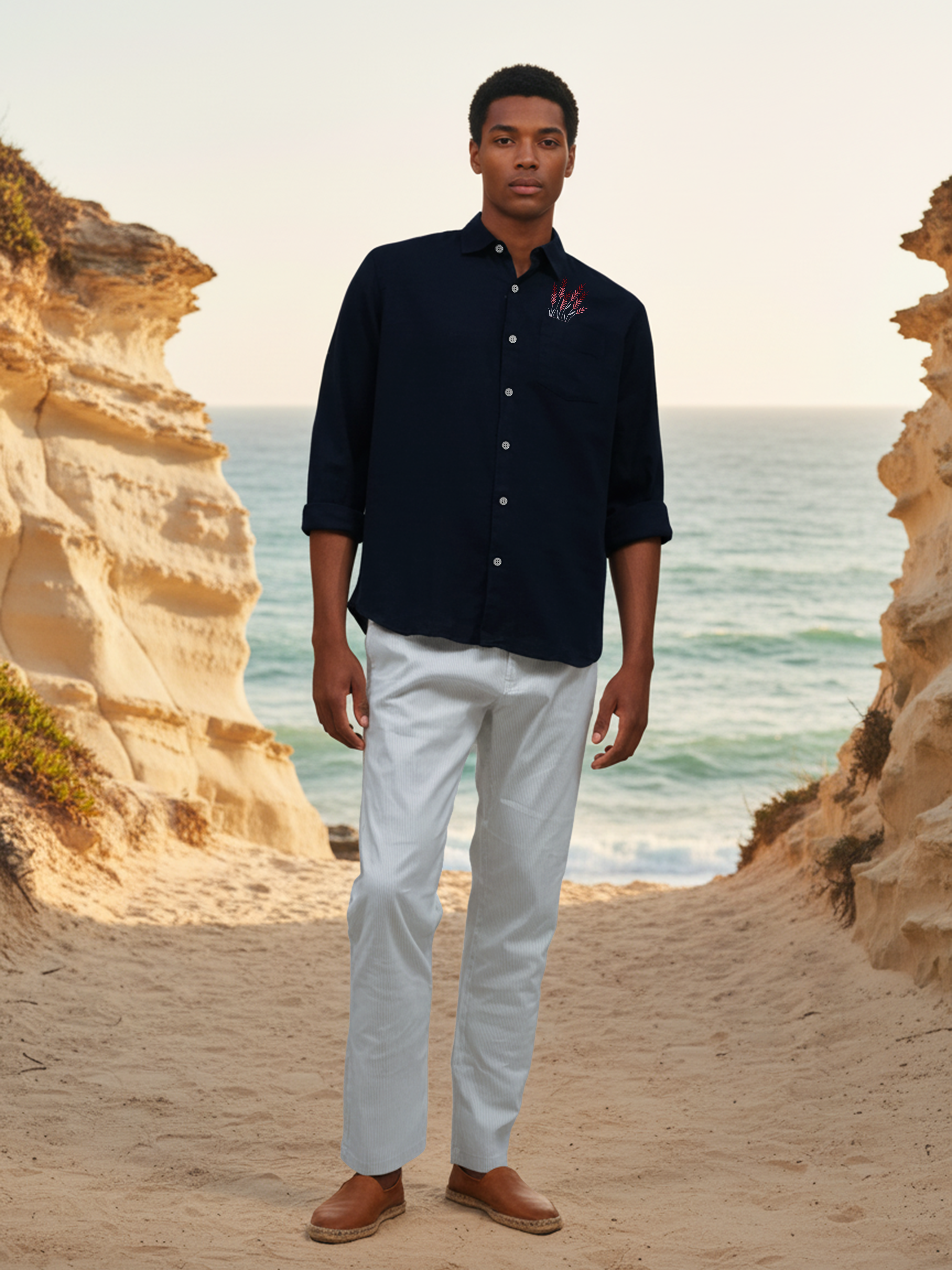 Navy Slub Embroidered Shirt
