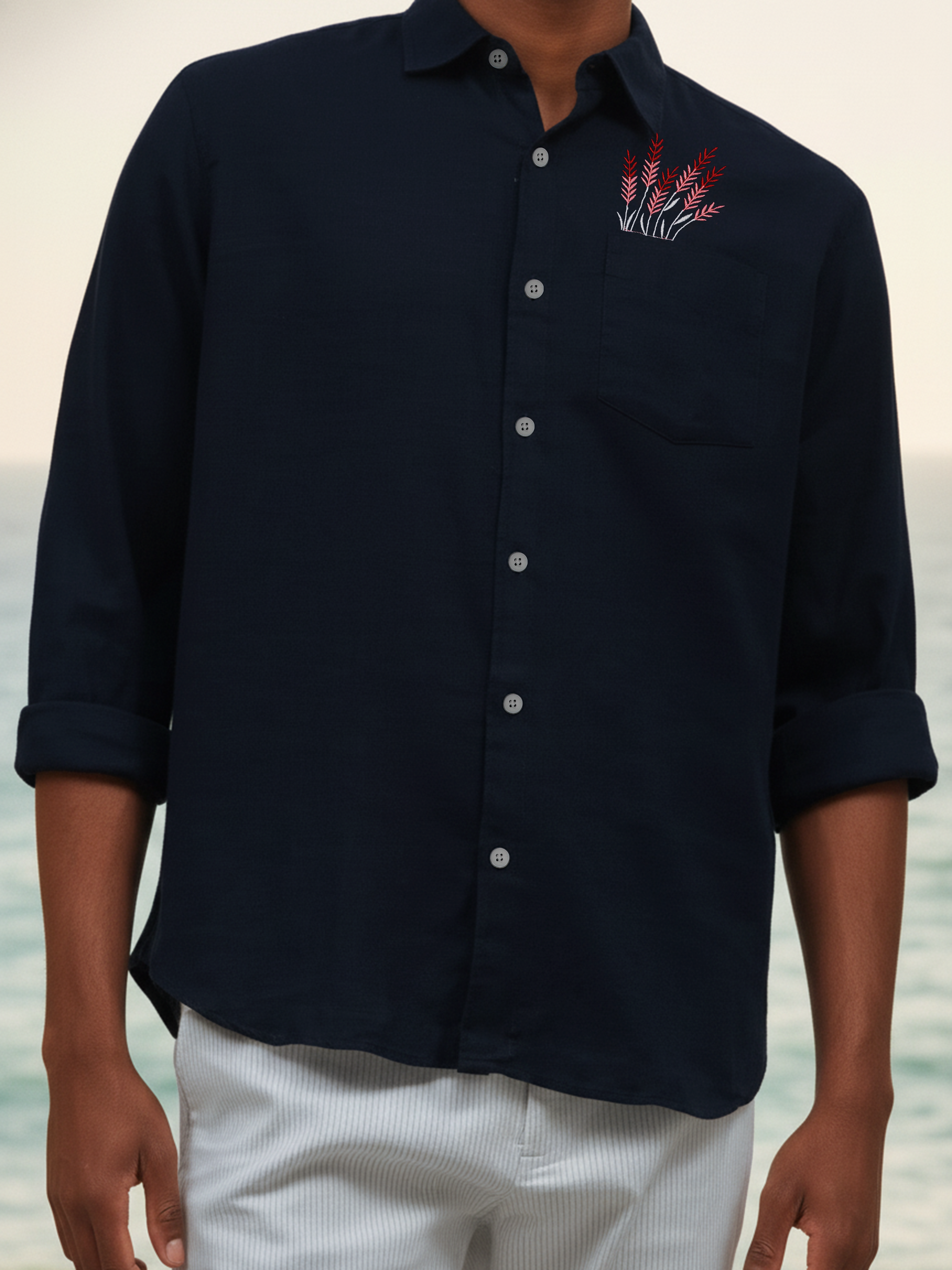 Navy Slub Embroidered Shirt