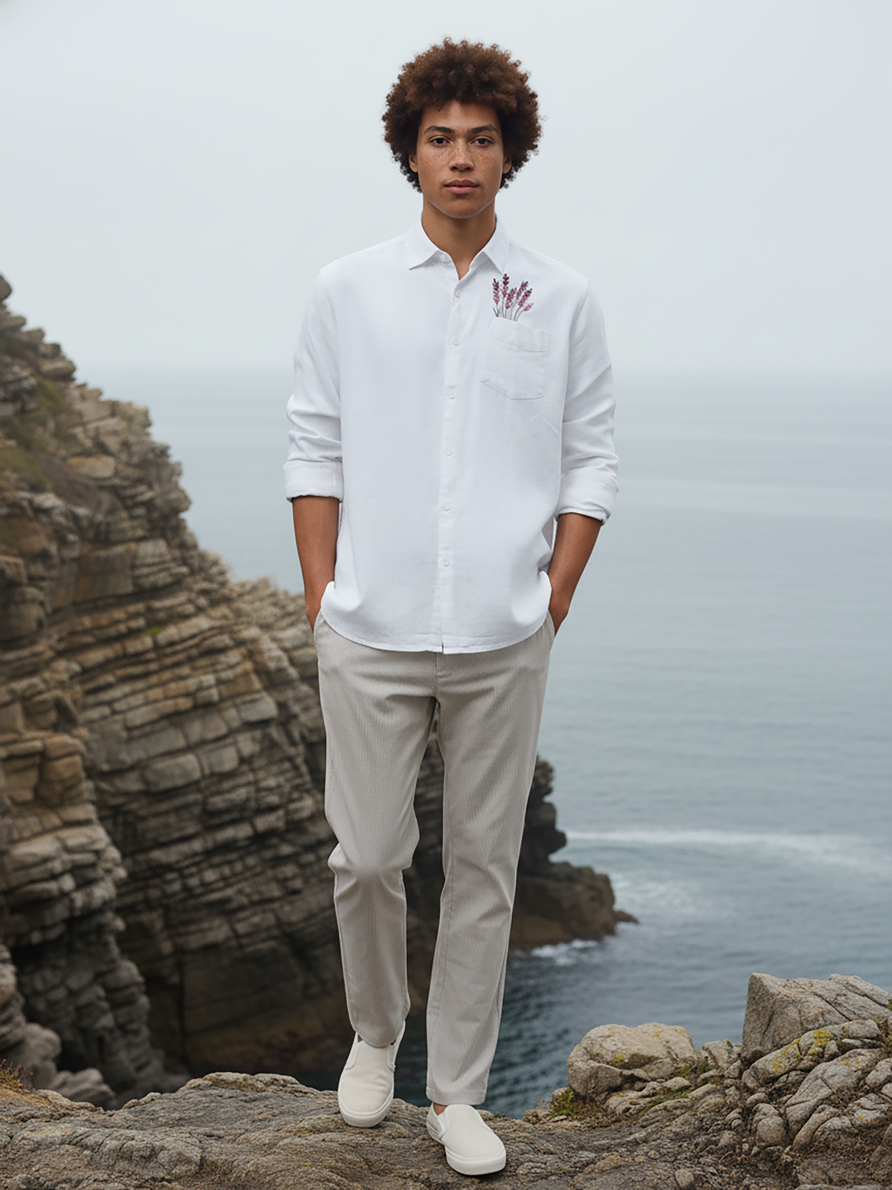 White Slub Embroidered Shirt