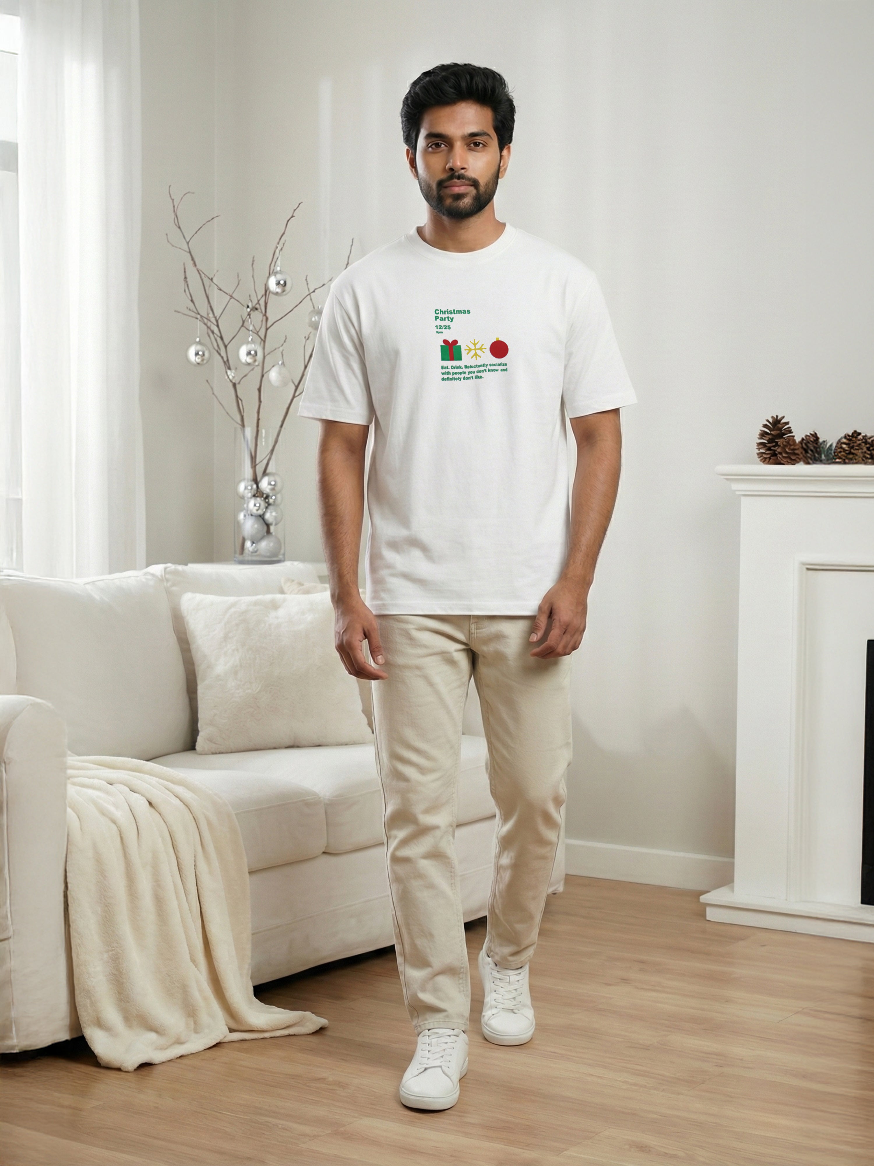 Men’s Christmas Graphic Printed White Cotton T-Shirt