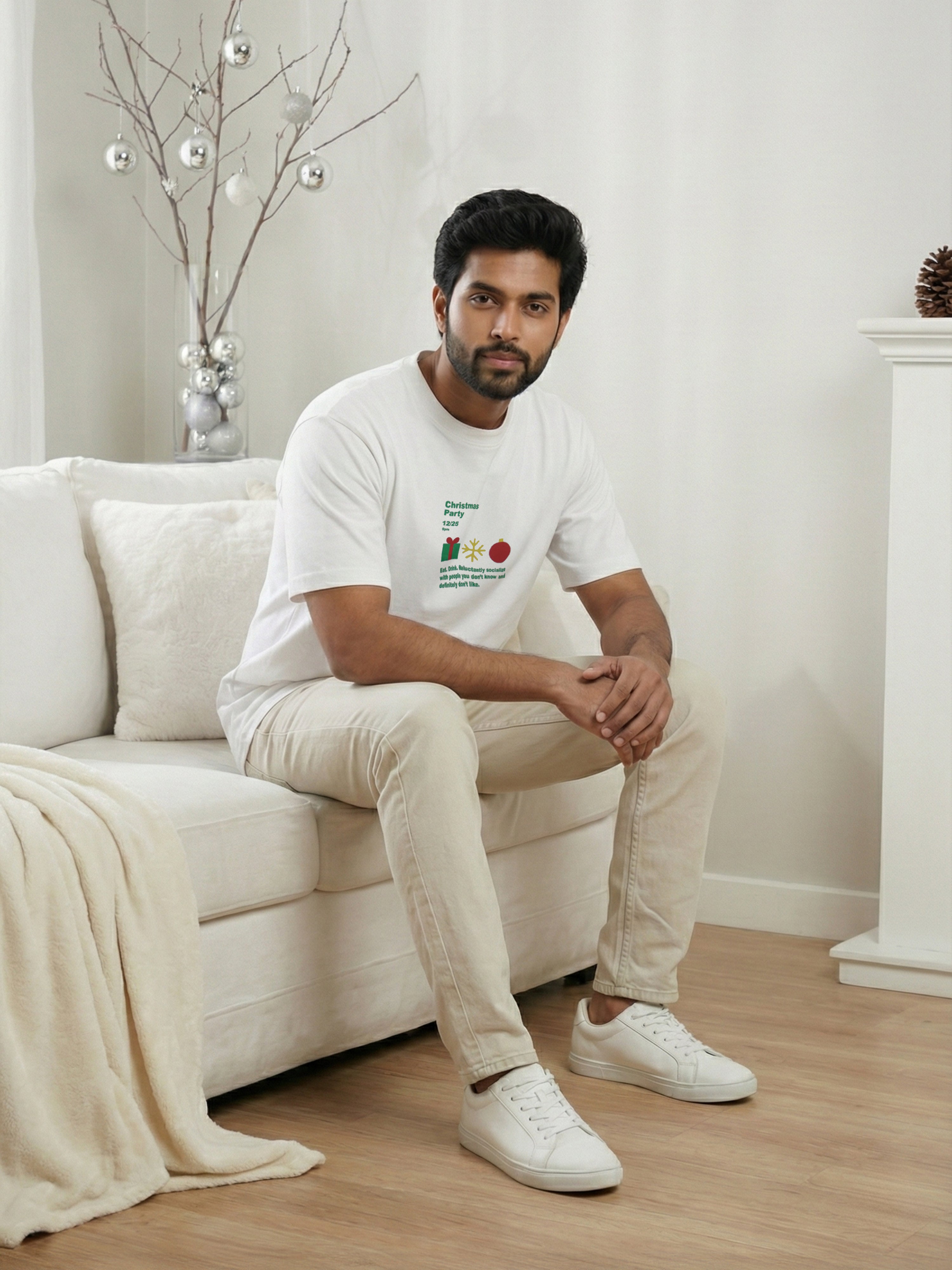 Men’s Christmas Graphic Printed White Cotton T-Shirt