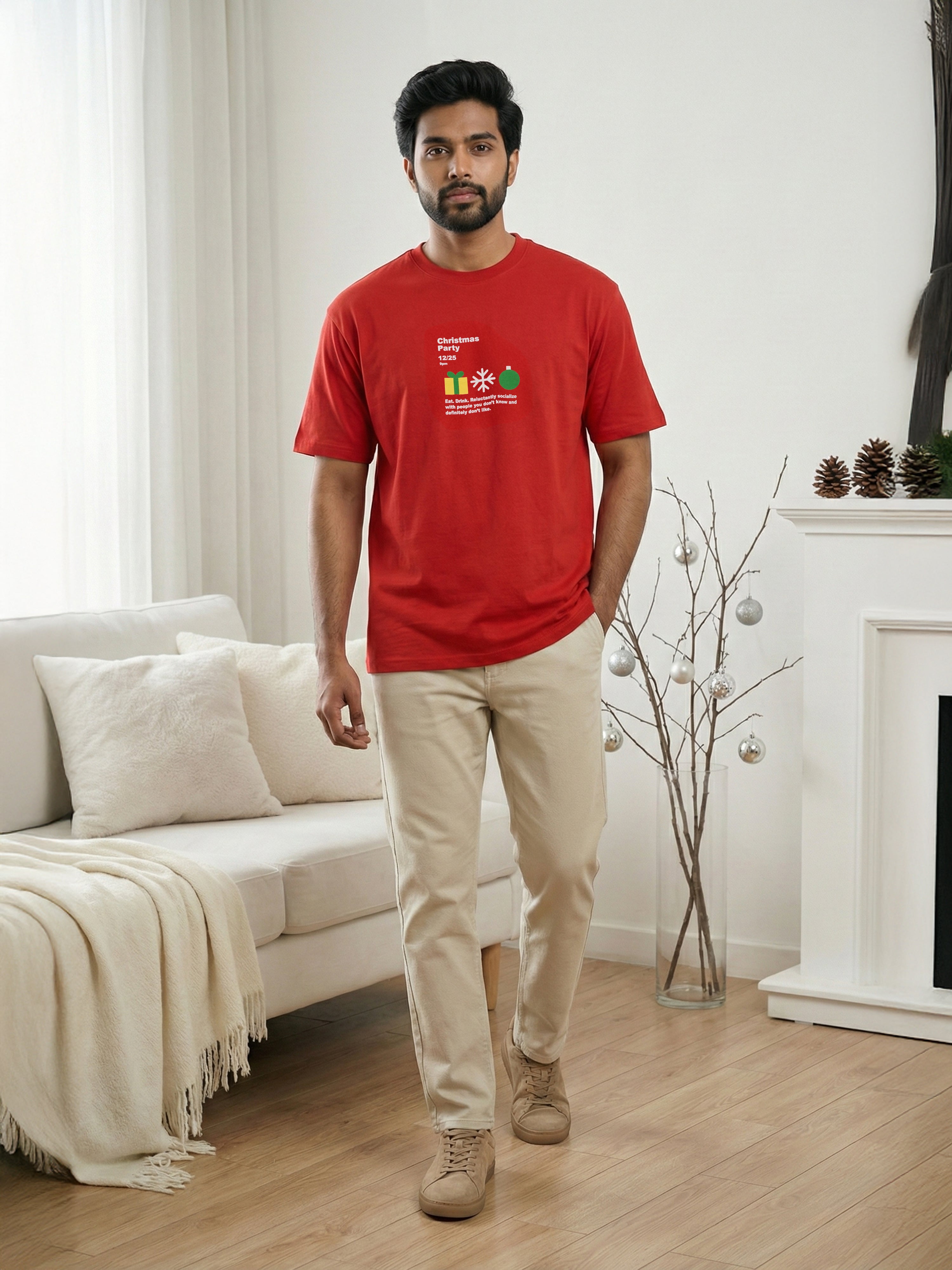 Men’s Christmas Graphic Printed Red Cotton T-Shirt