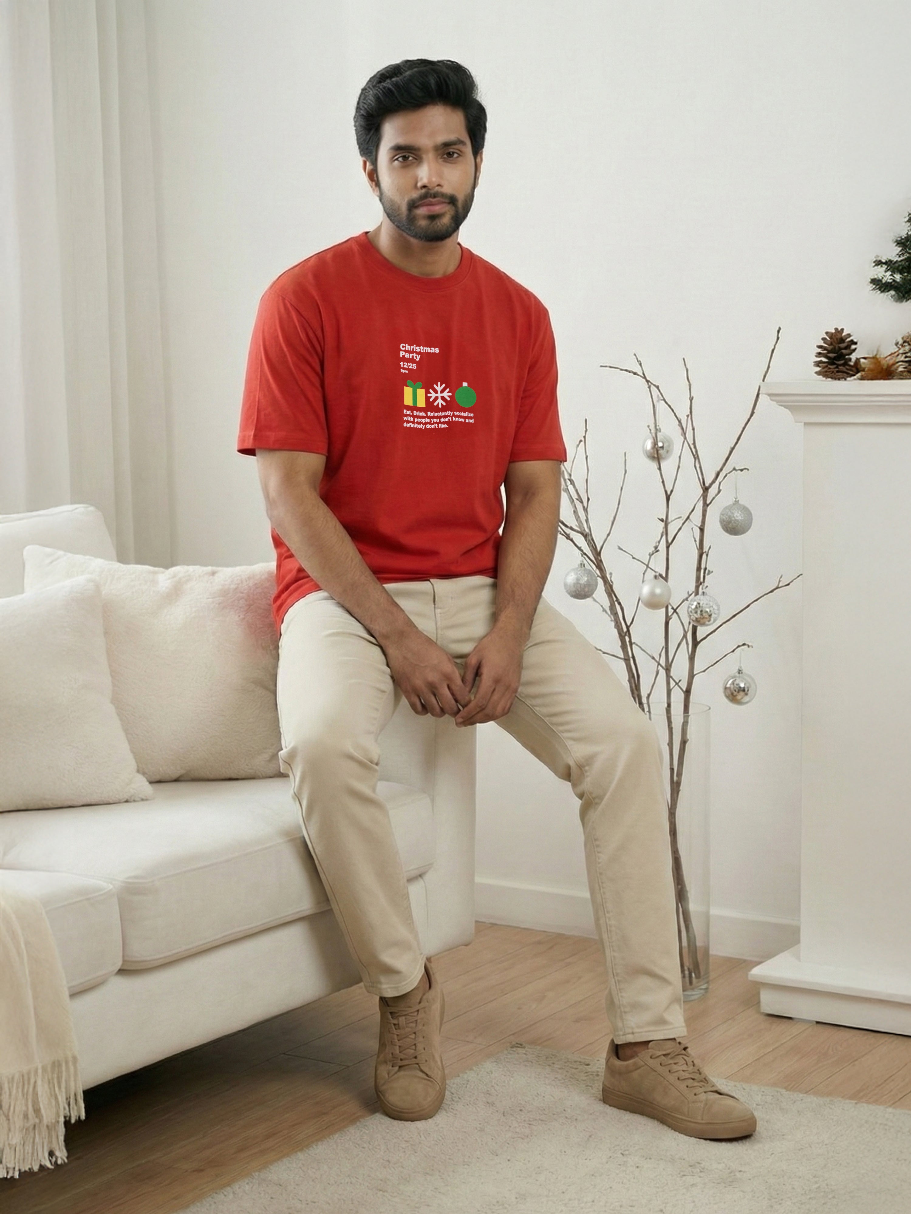 Men’s Christmas Graphic Printed Red Cotton T-Shirt