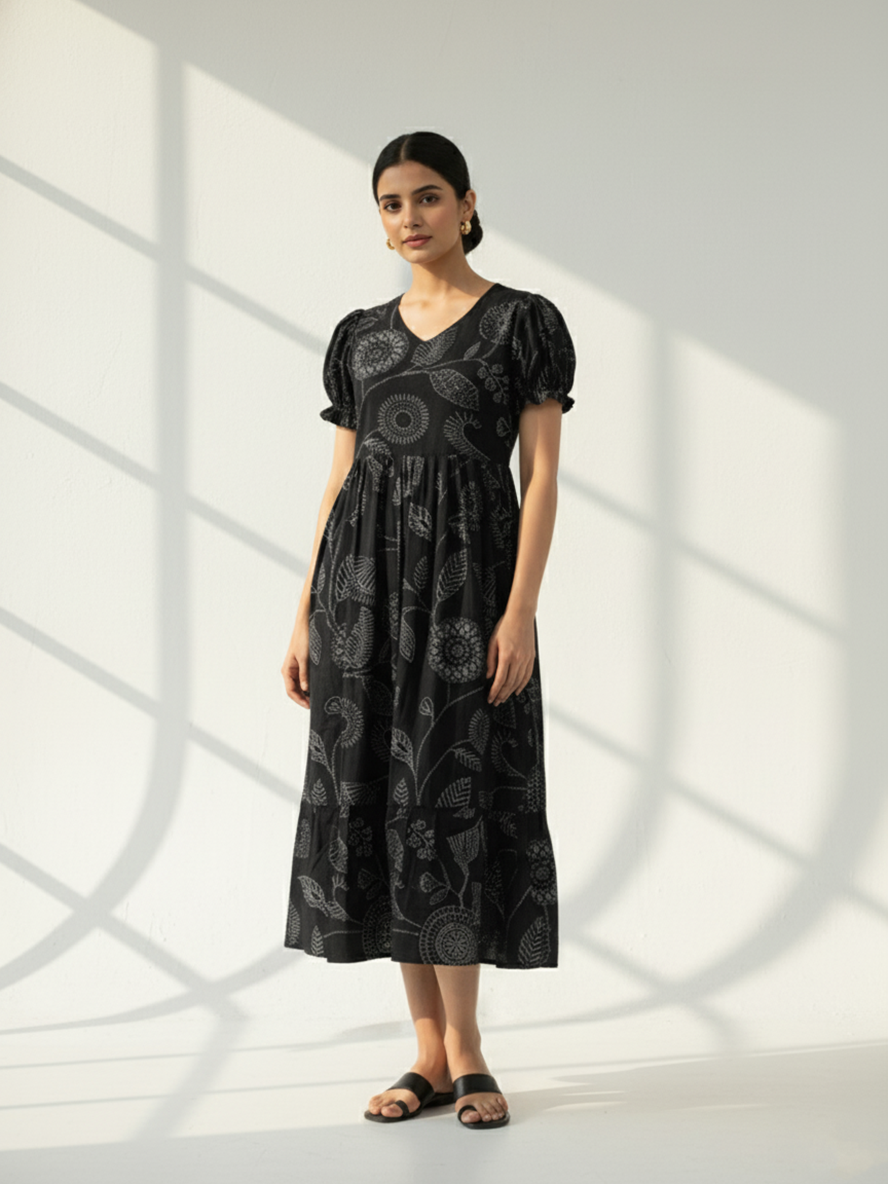 Black Cotton Flex Printed Flared Dress