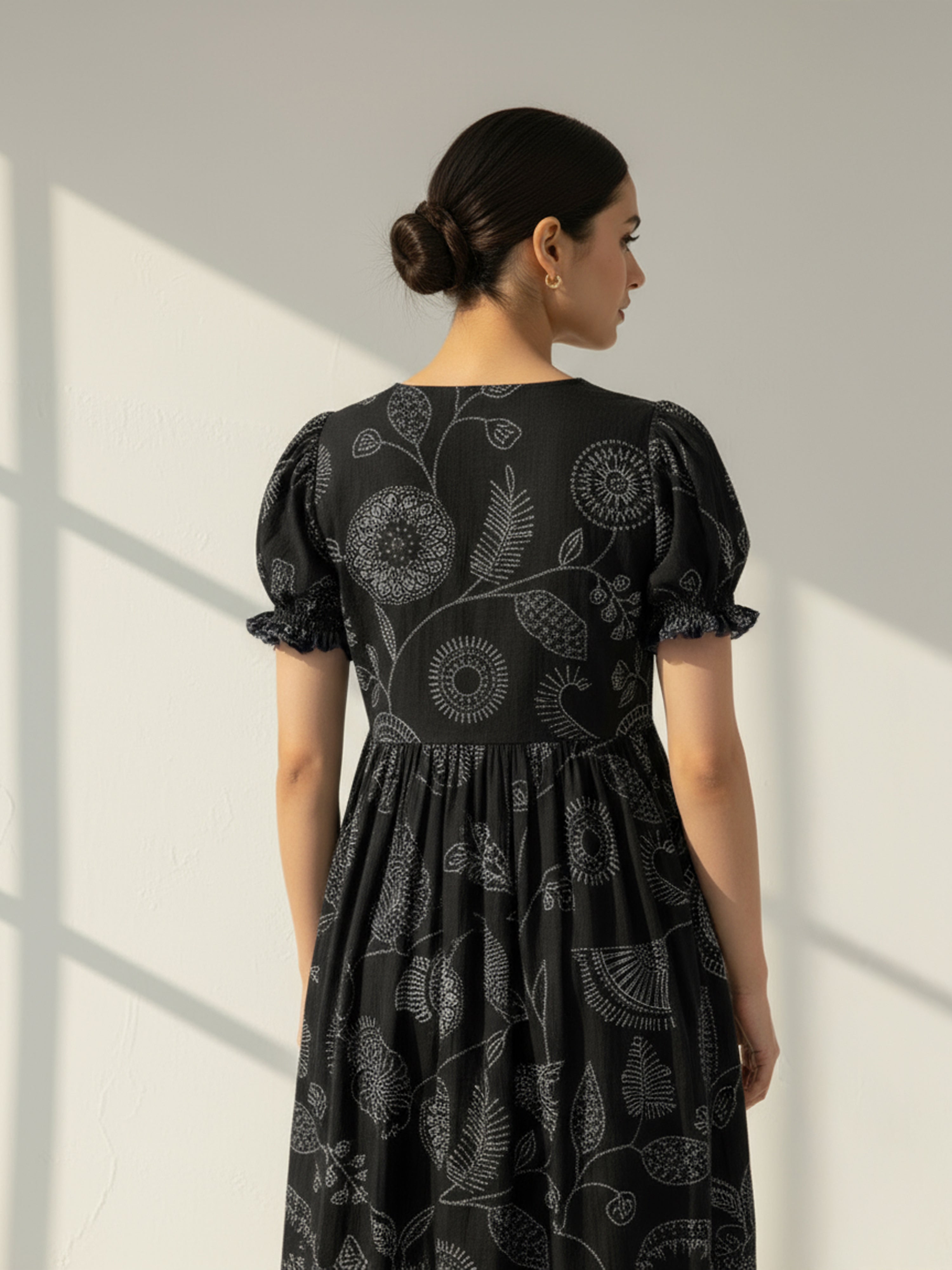Black Cotton Flex Printed Flared Dress