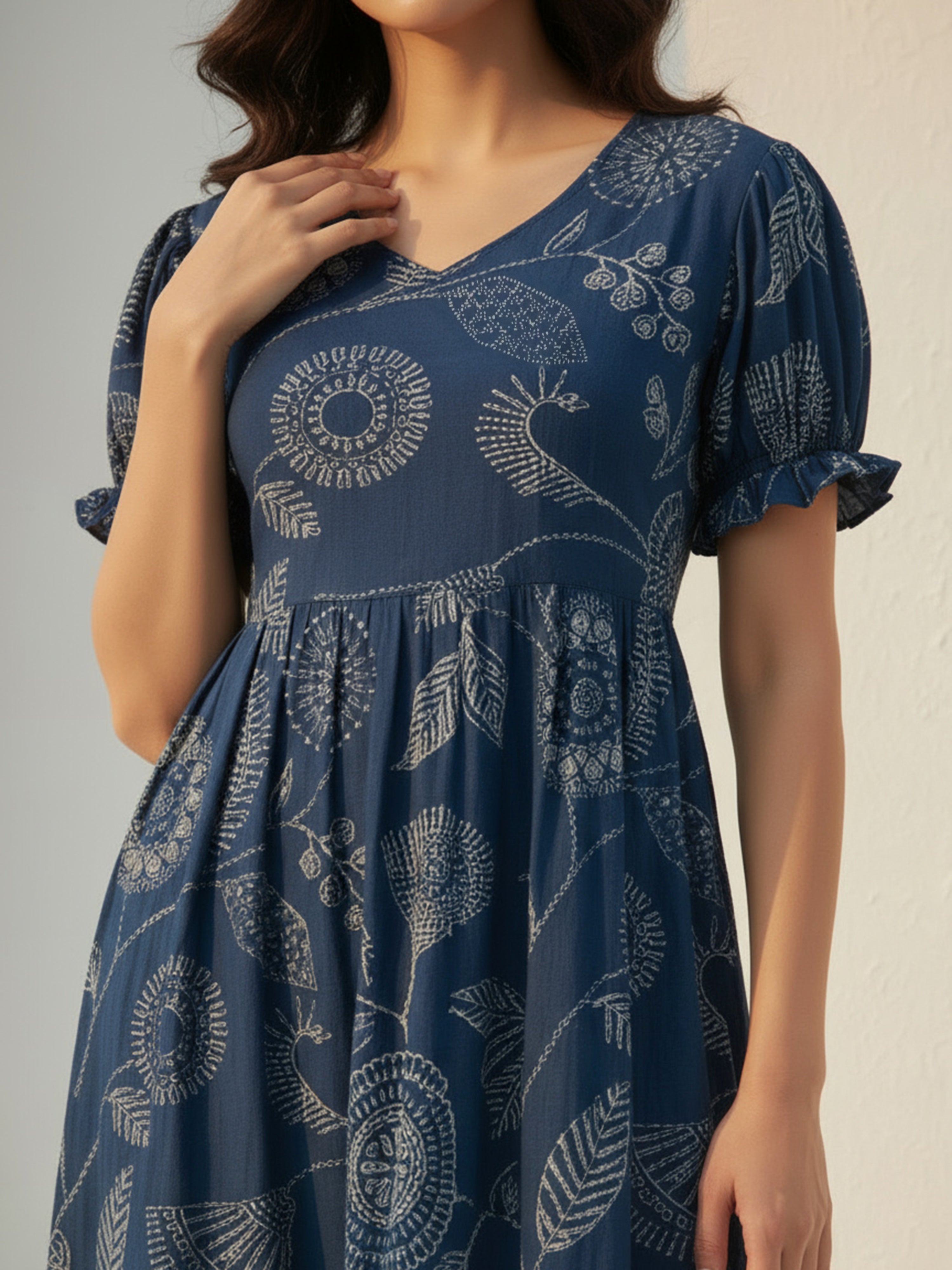 Blue Cotton Puff Sleeve V-Neck Flared Midi Dress for Women