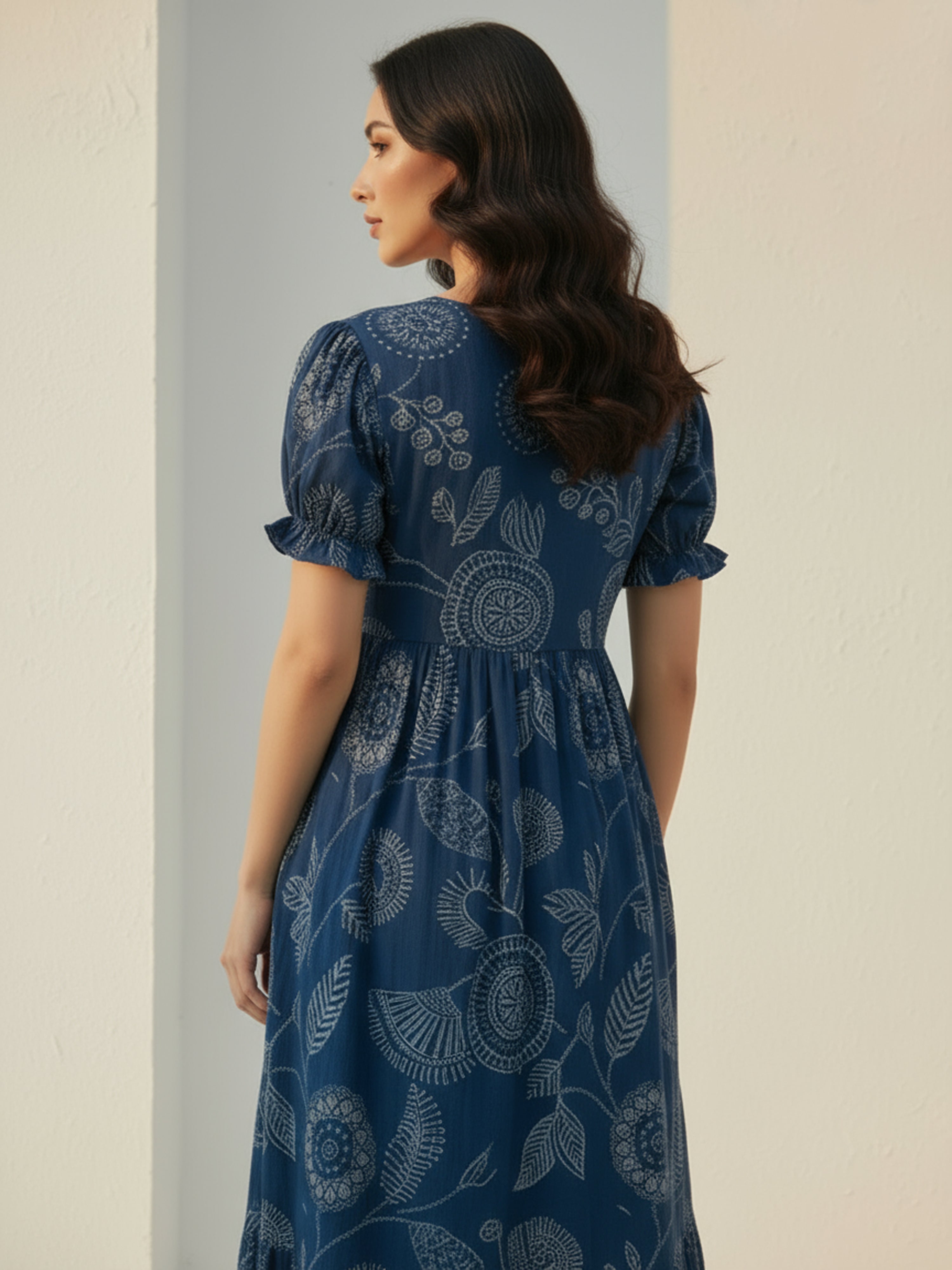 Blue Cotton Puff Sleeve V-Neck Flared Midi Dress for Women