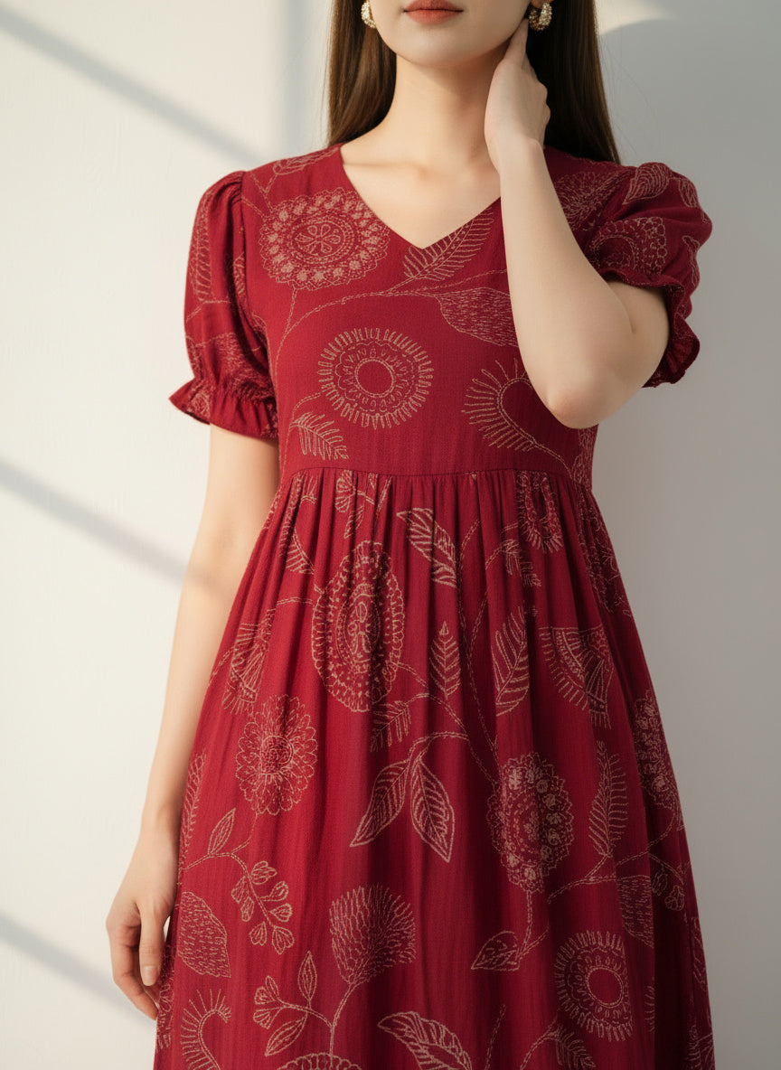 Radiant Maroon Cotton Flex Flared Dress for Women