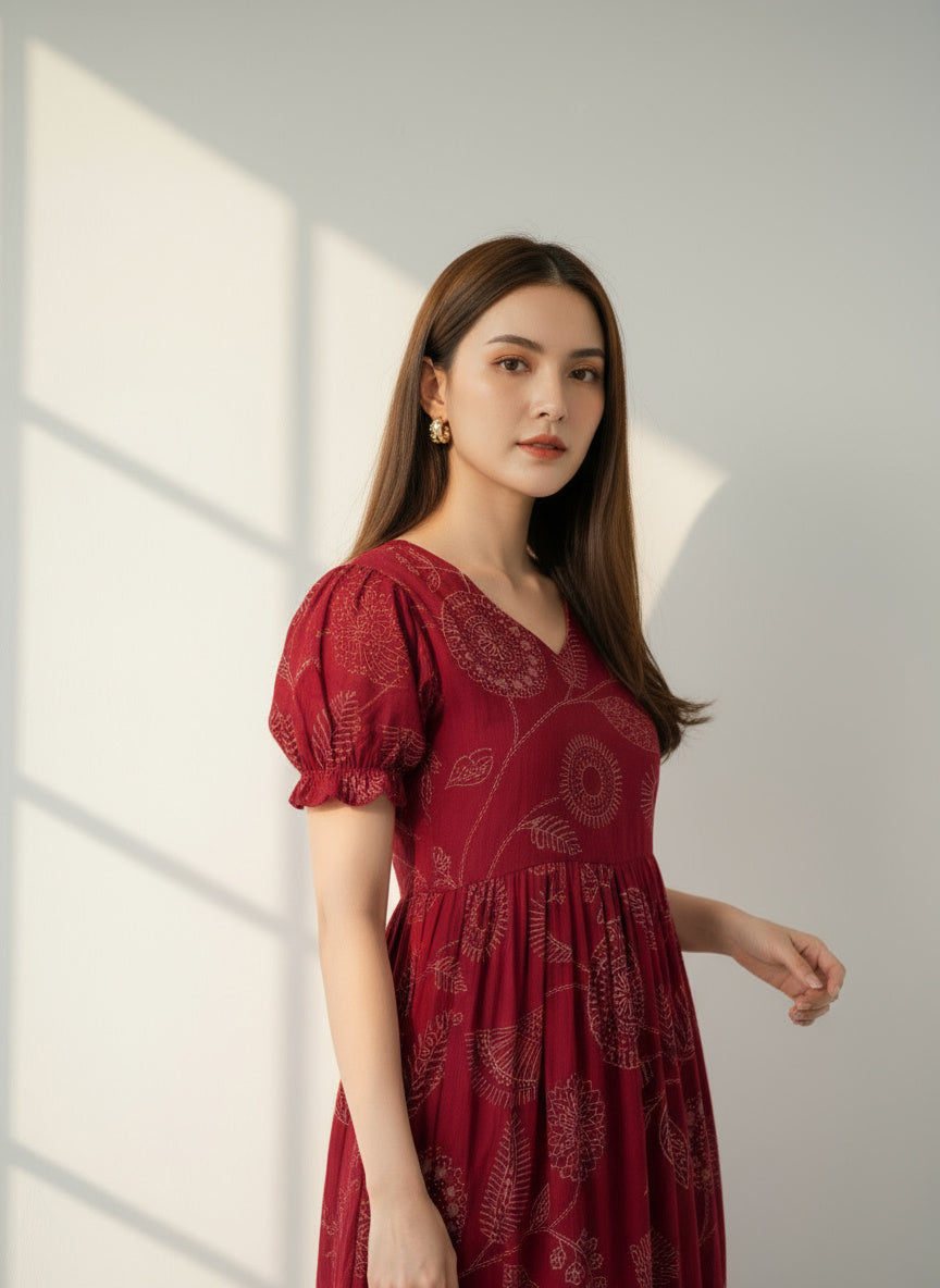 Radiant Maroon Cotton Flex Flared Dress for Women