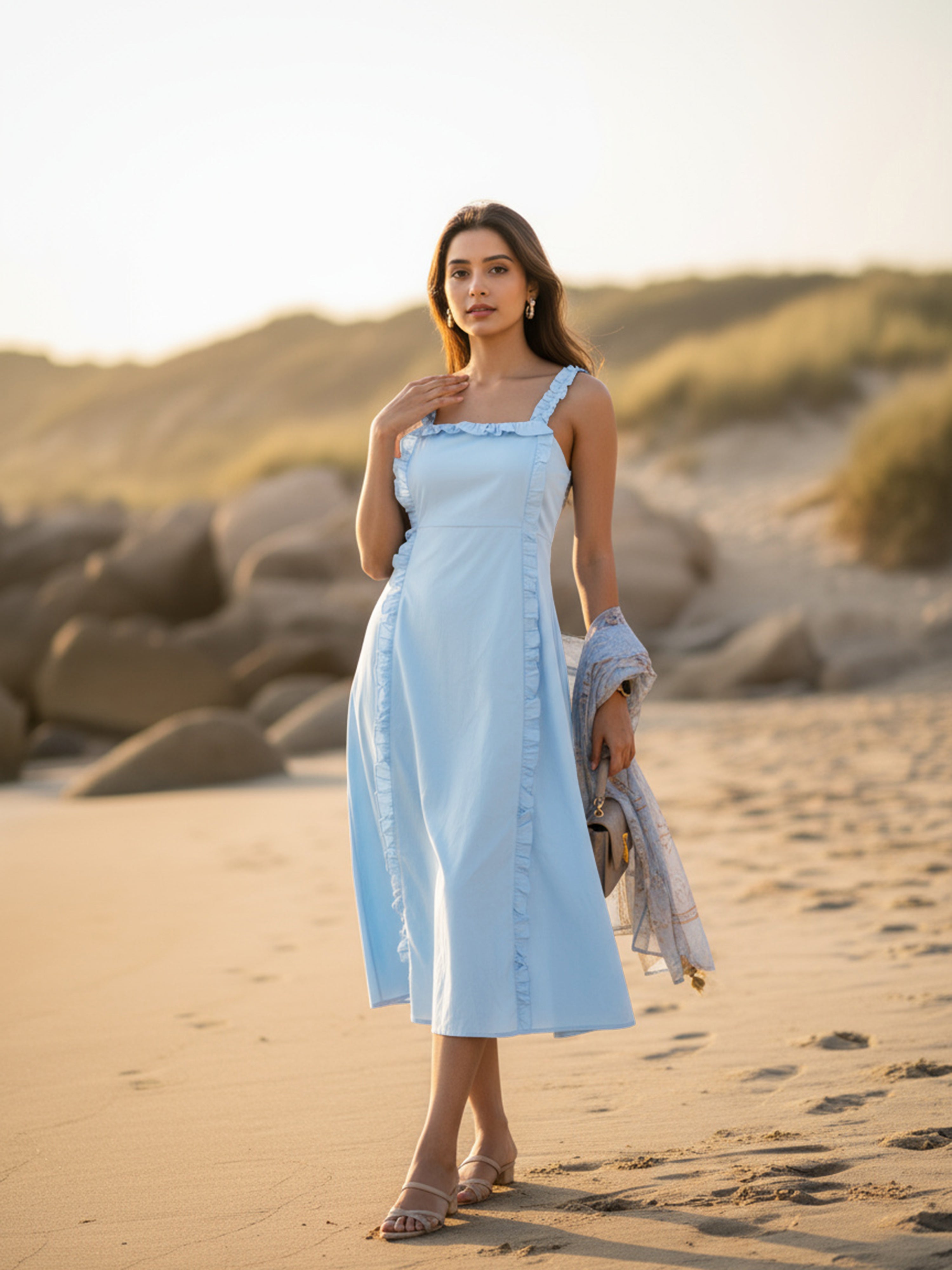 Denim Light Blue Cotton Poplin Long Frilled Dress