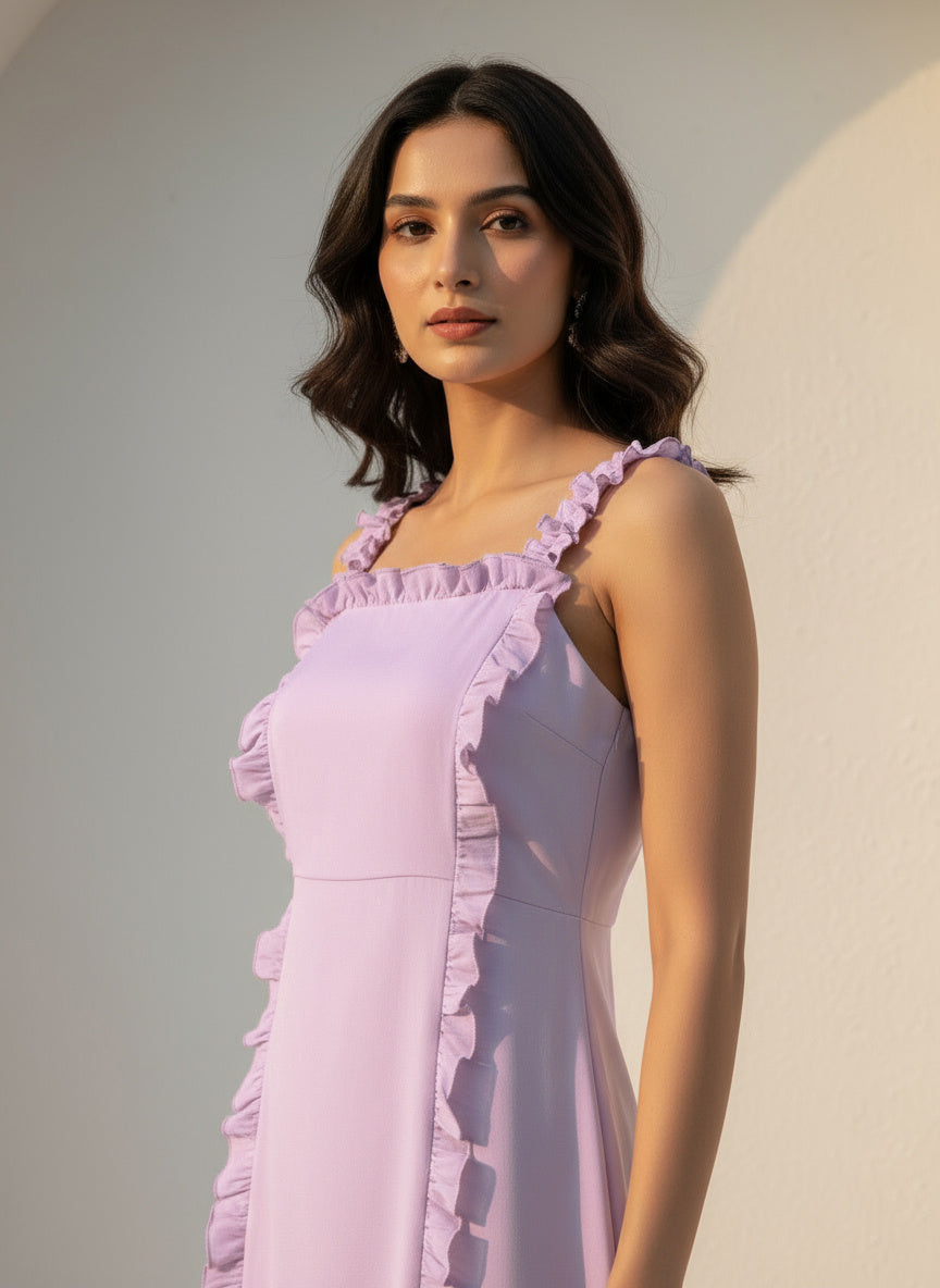 Serene Lavender Cotton Poplin Frilled Long Dress