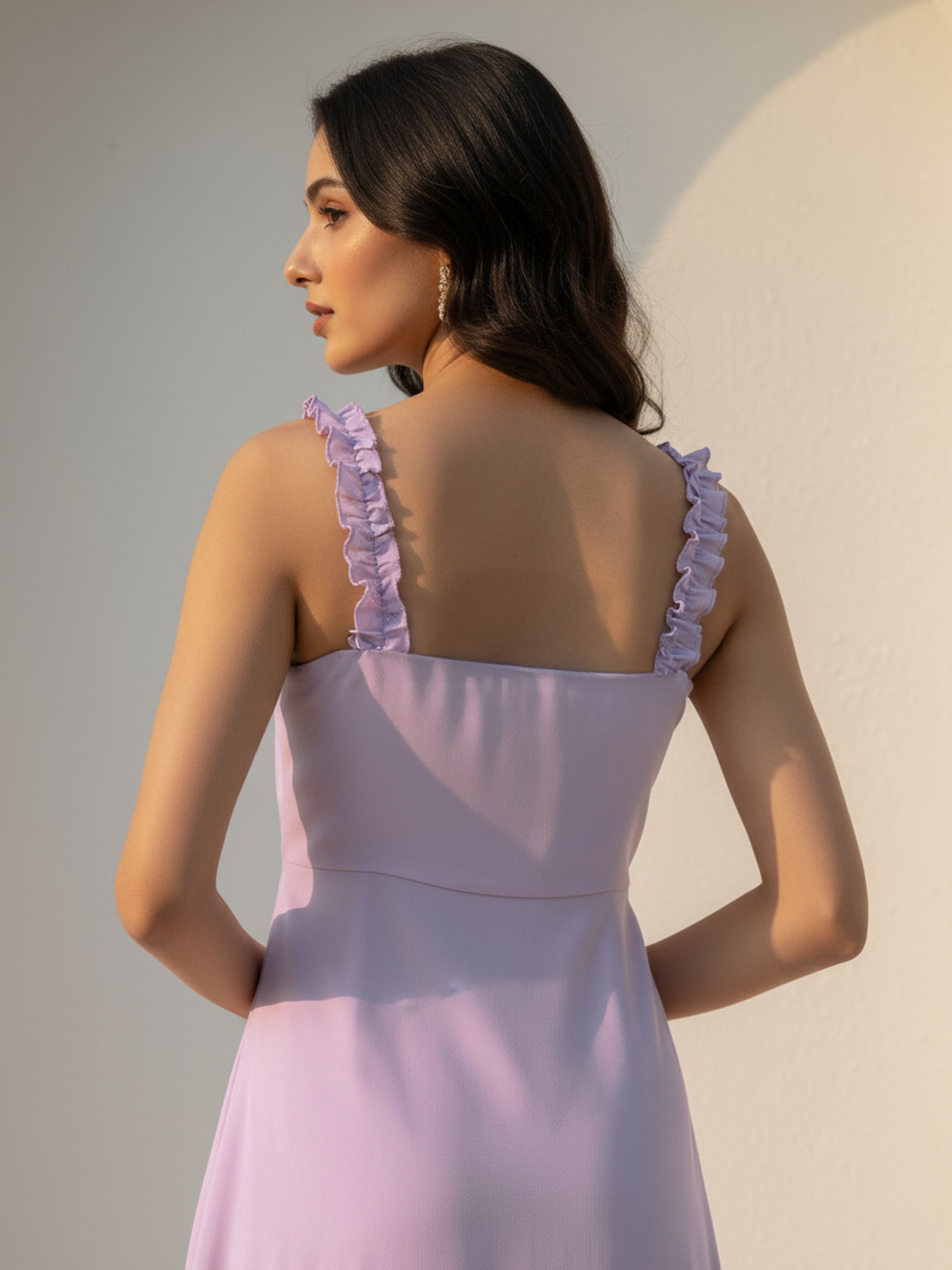 Serene Lavender Cotton Poplin Frilled Long Dress