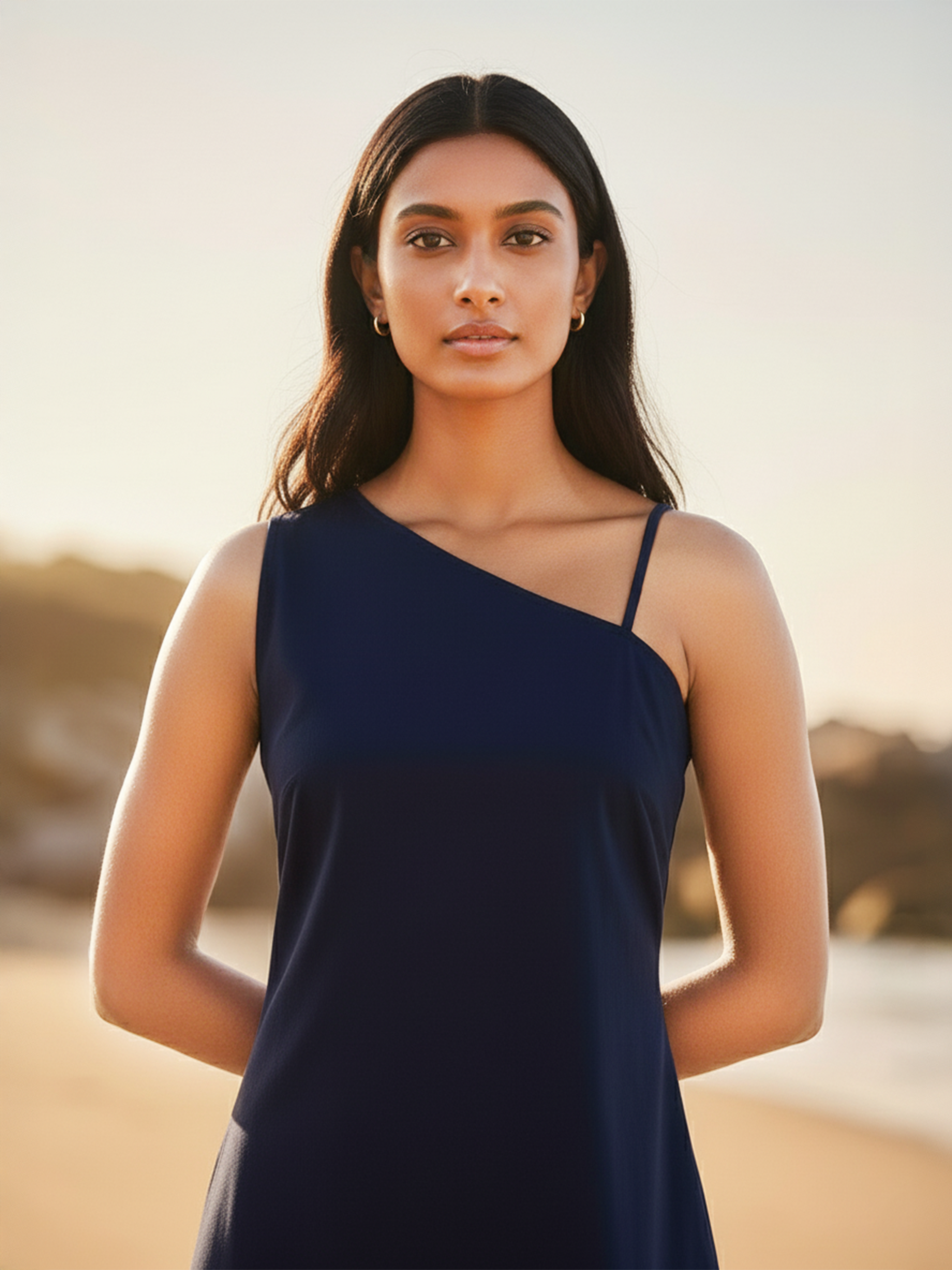 Navy Poplin One Shoulder Dress - One Side Sleeve