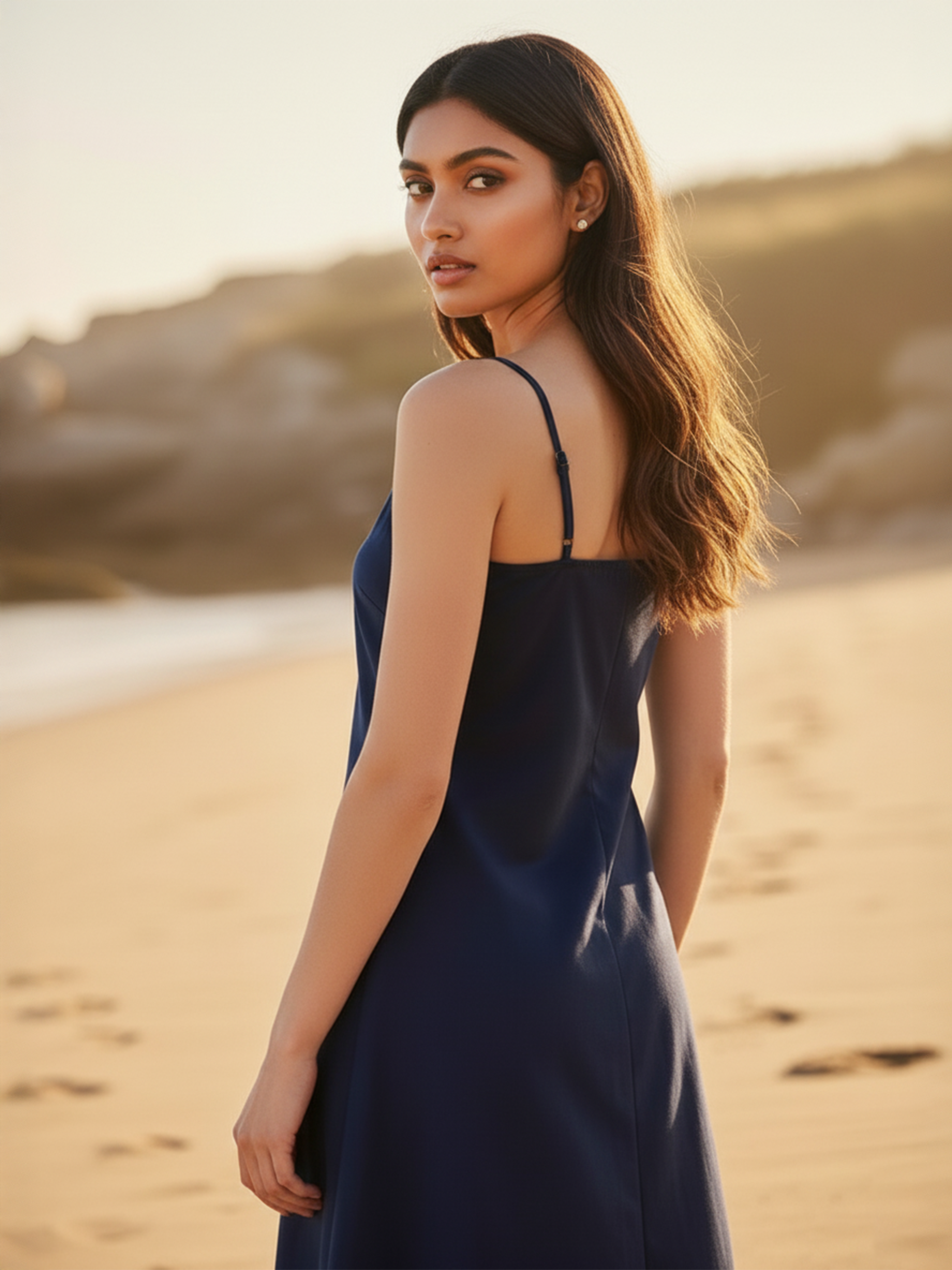 Navy Poplin One Shoulder Dress - One Side Sleeve