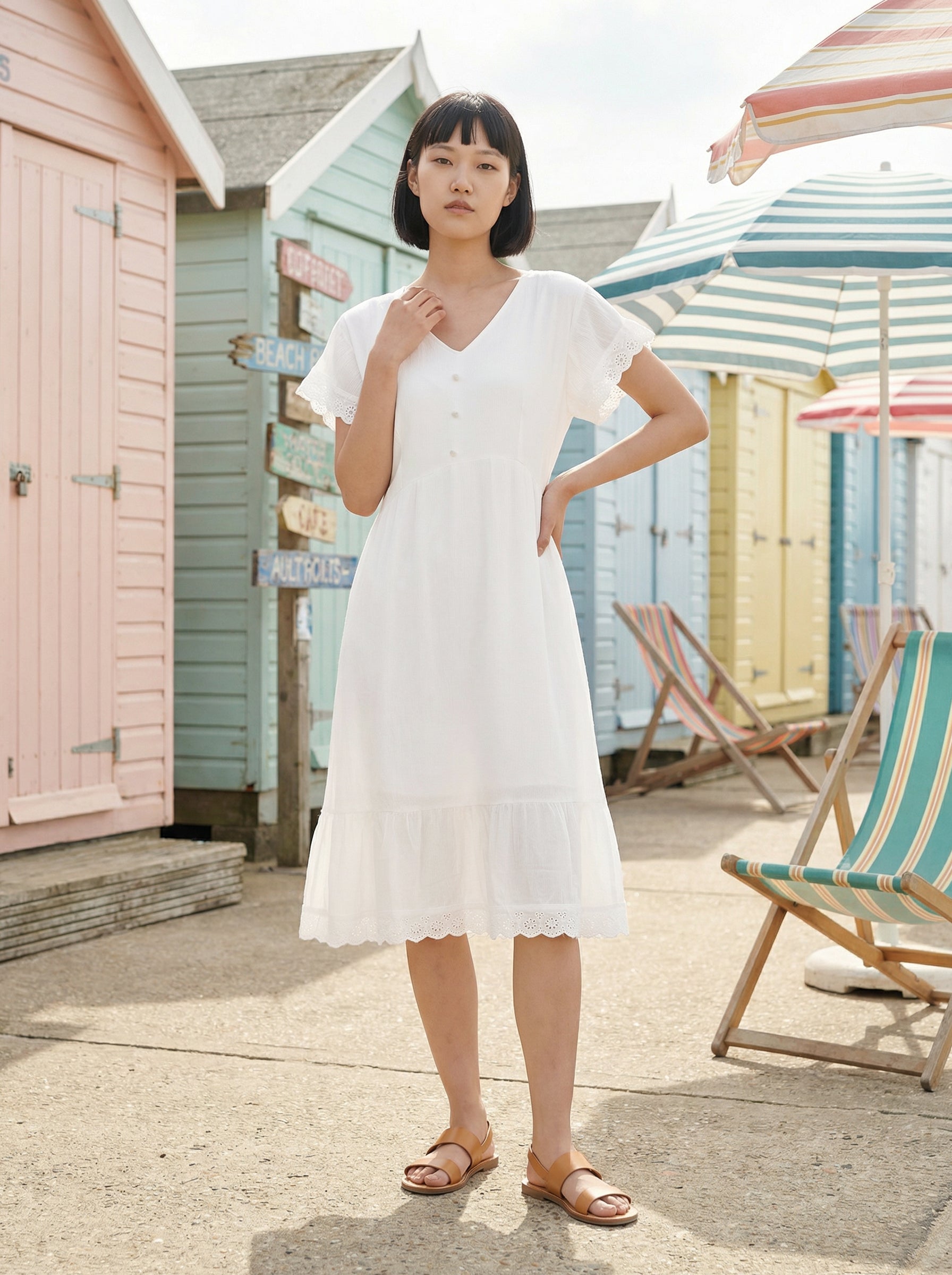 White Rayon & Hakoba Flared Long Dress with Butterfly Sleeves