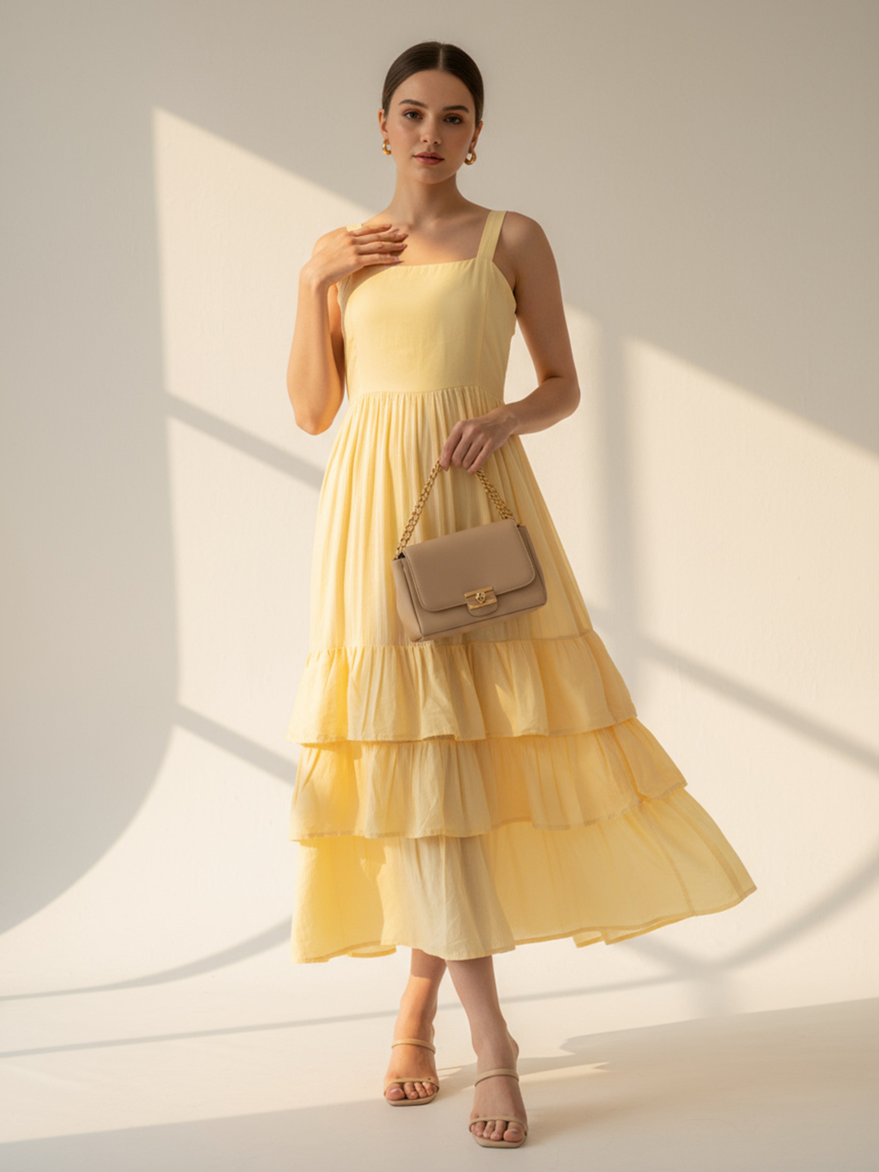 Lemon Cotton Slub Spaghetti Short Dress