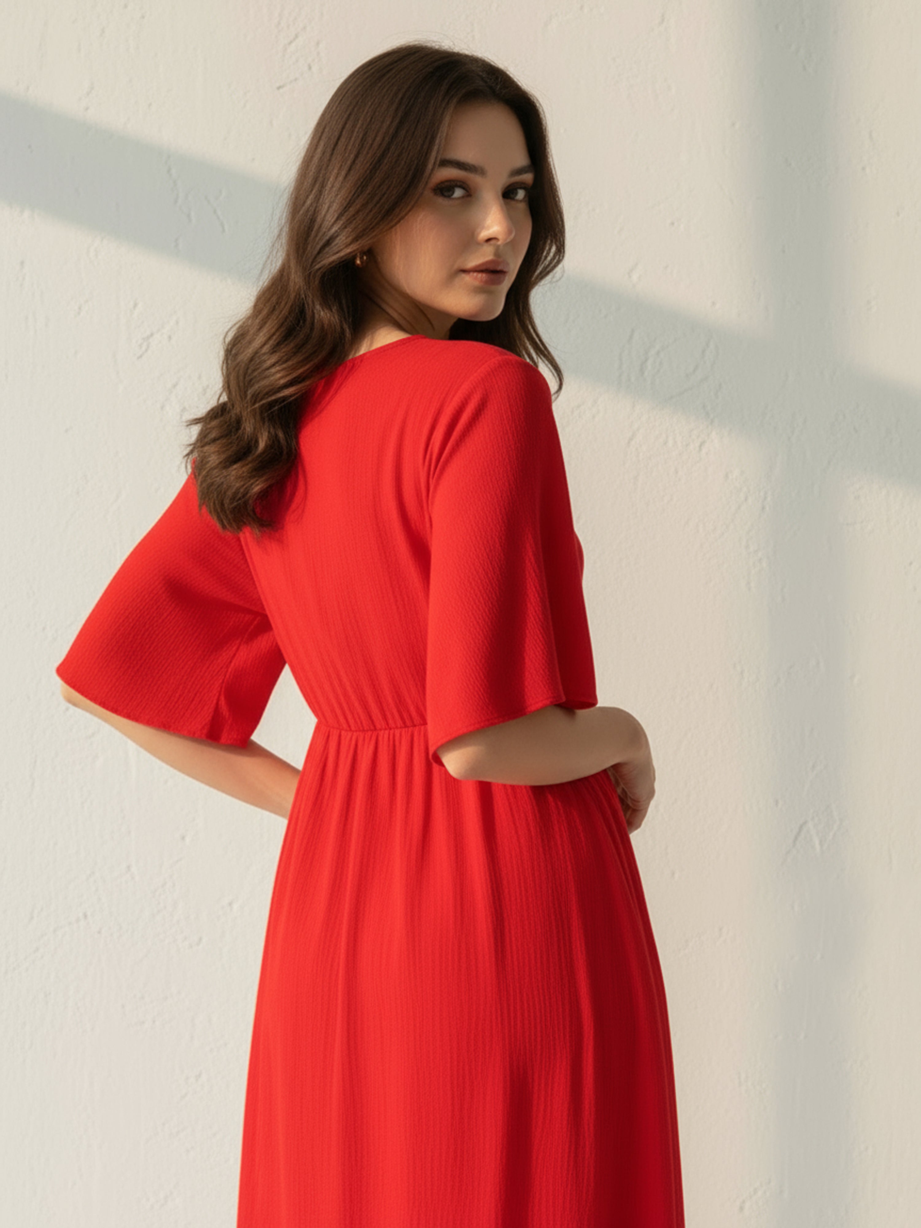 Red Gathered Rayon Wrinkle Short Dress