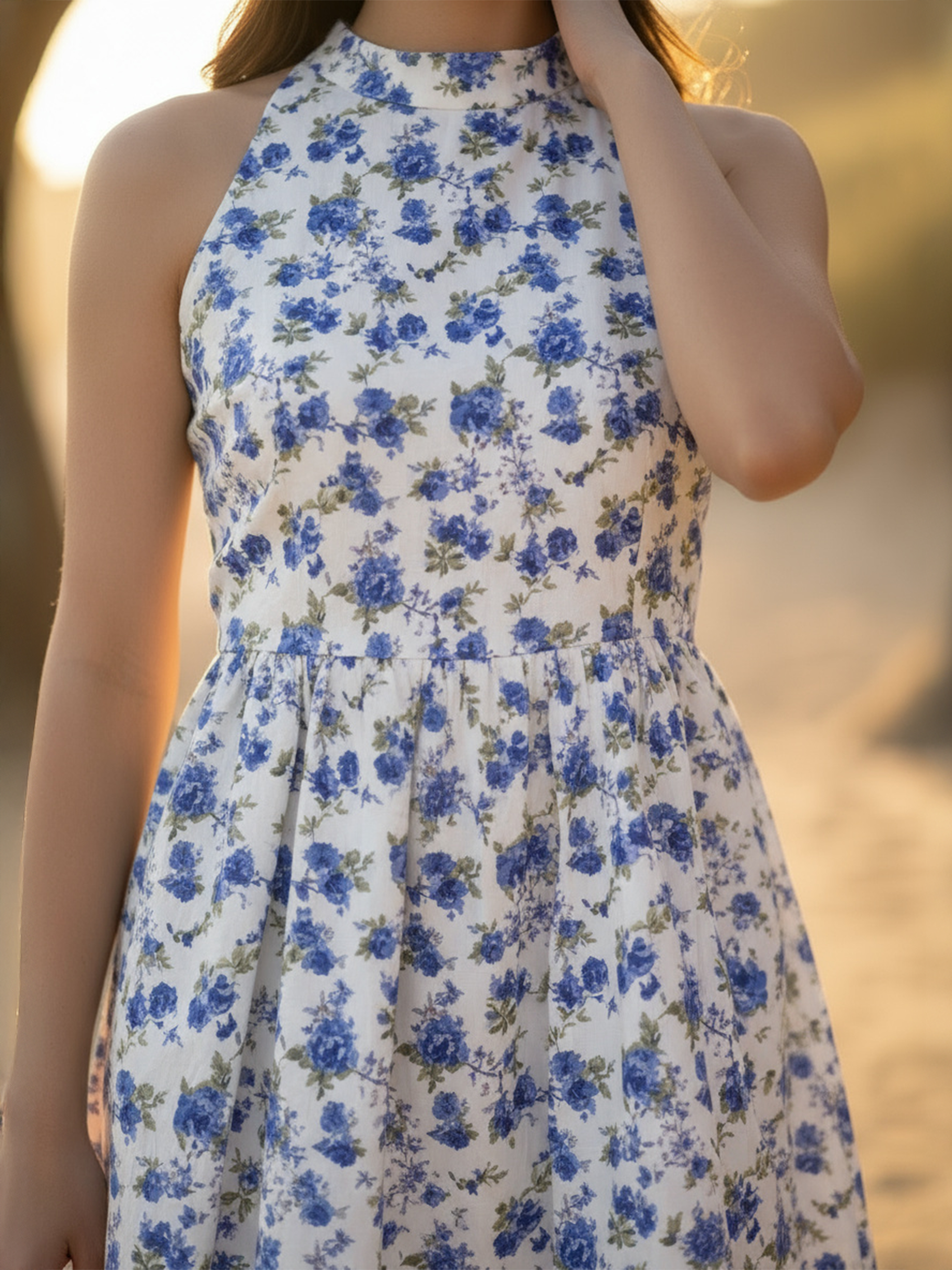 Blue Floral Printed Flared Short Dress for Women