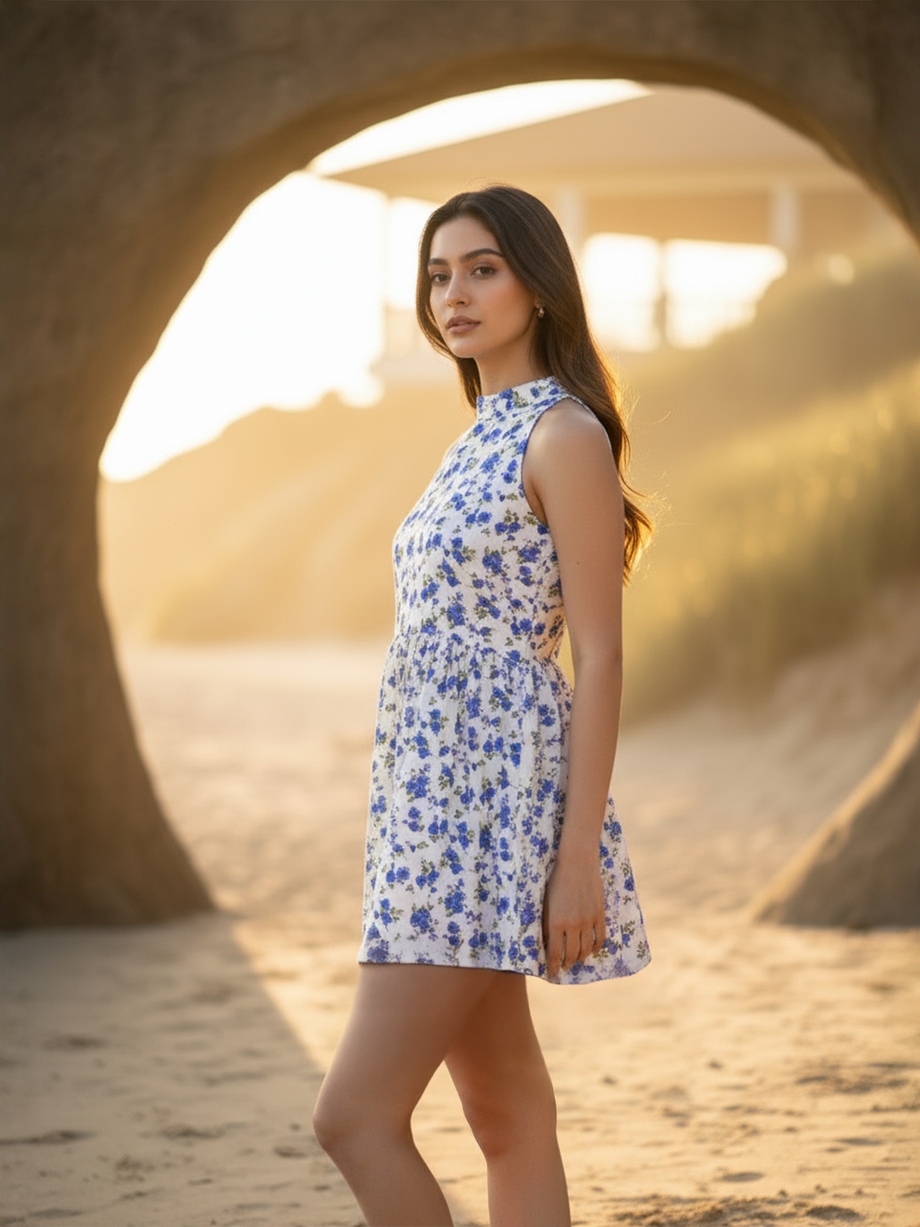 Blue Floral Printed Flared Short Dress for Women