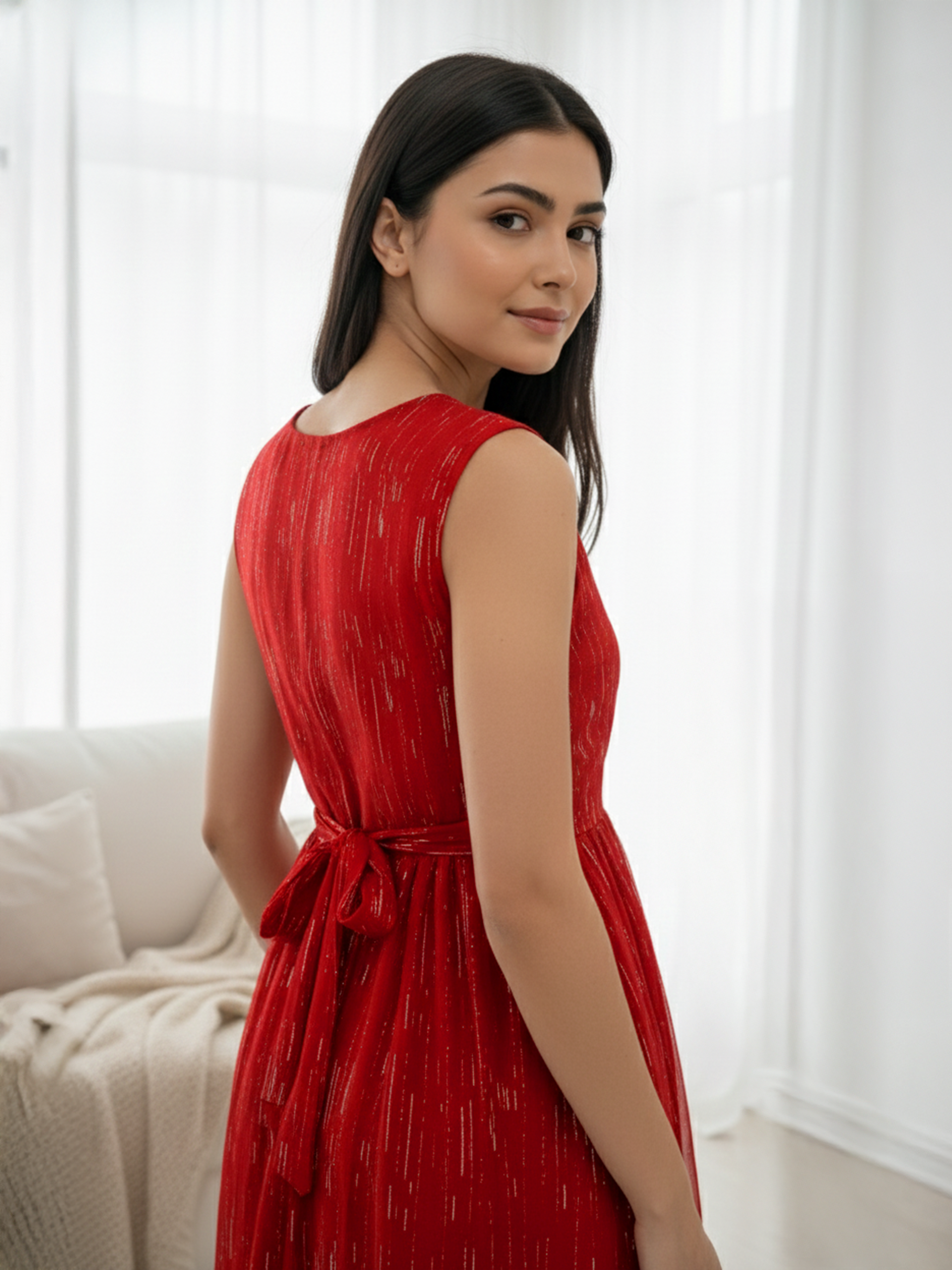 Red Dresses With White Threaded Stripe Drops
