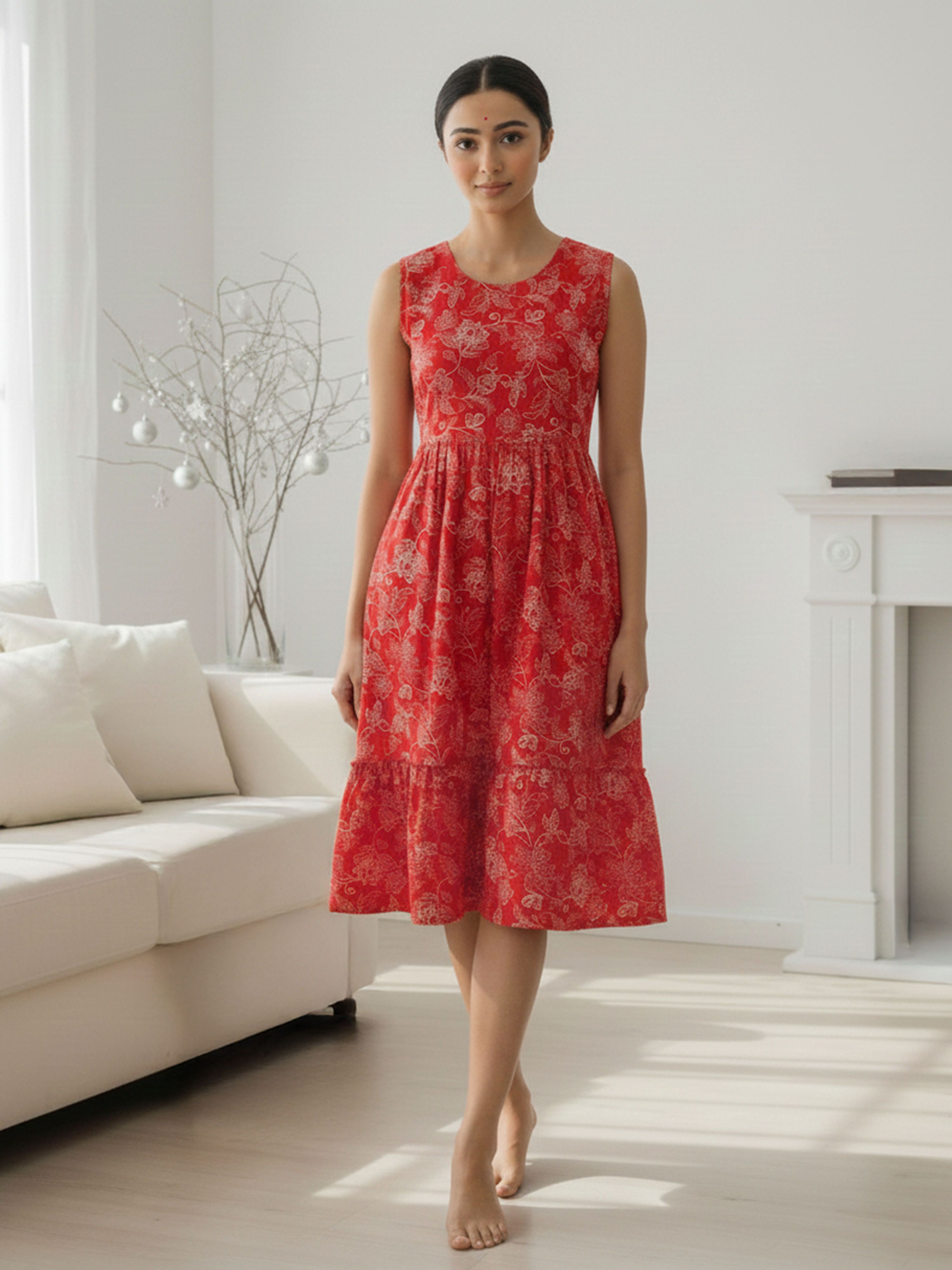 Women's Red Sleeveless Dress with White Floral Design