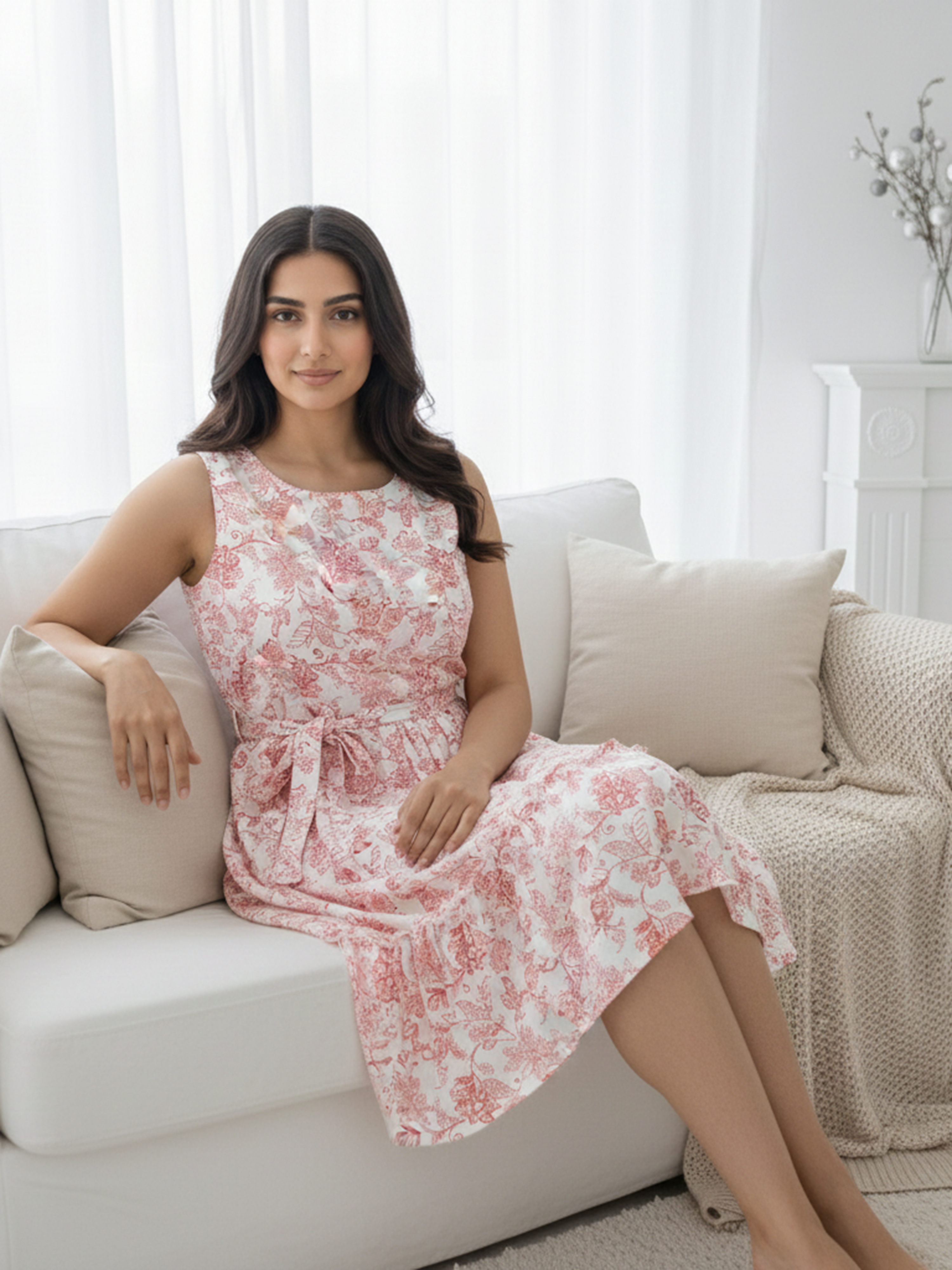 Women's white Sleeveless Dress with Red Floral Design