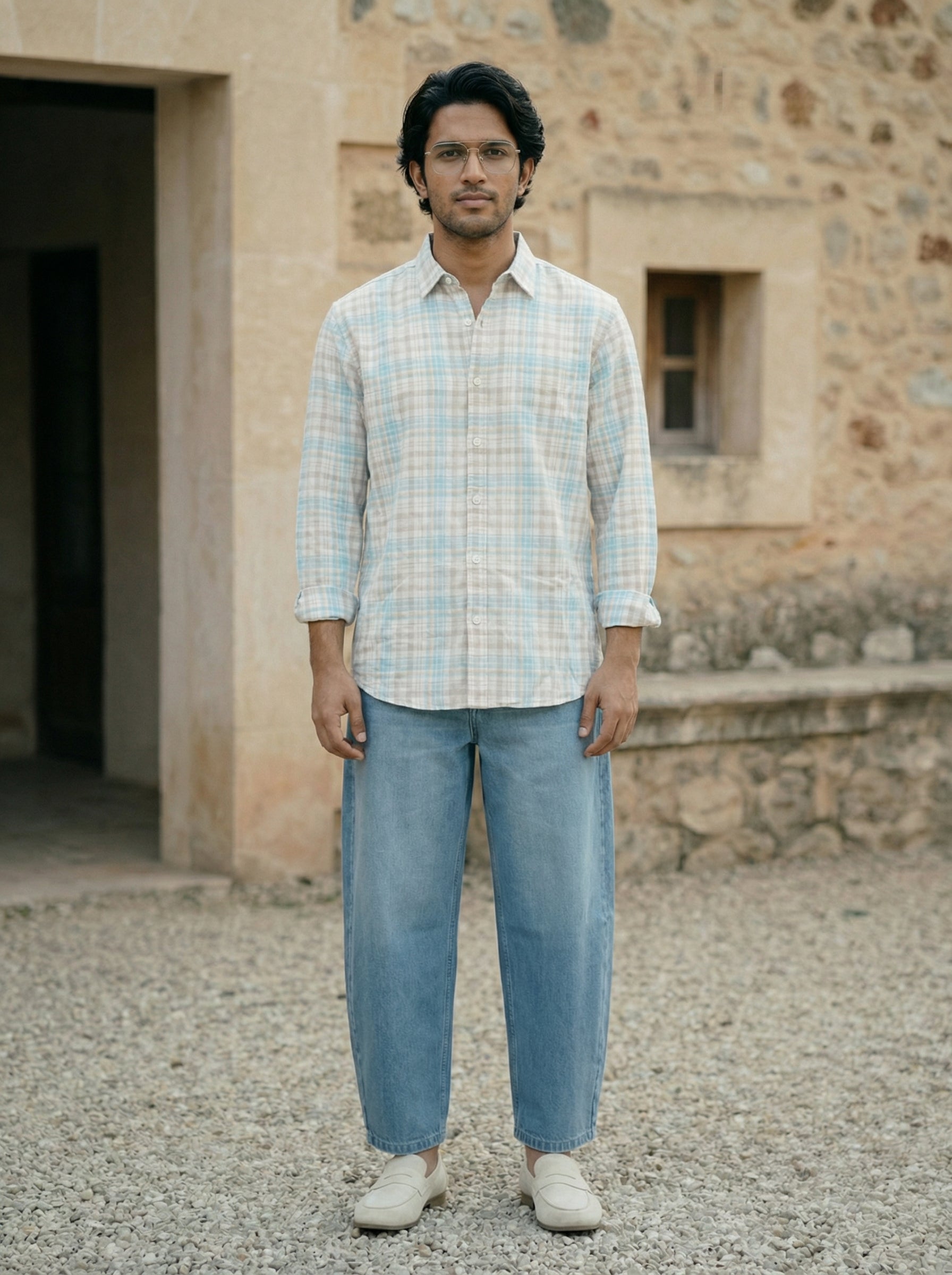 Men’s Blue Relaxed Fit Multicolor Checked Shirt
